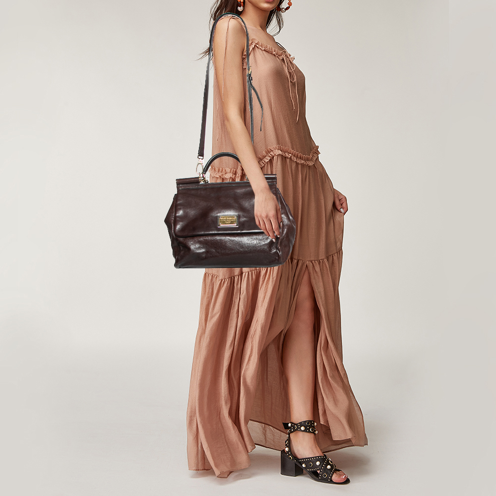 

Dolce & Gabbana Dark Brown Leather Large Miss Sicily Top Handle Bag