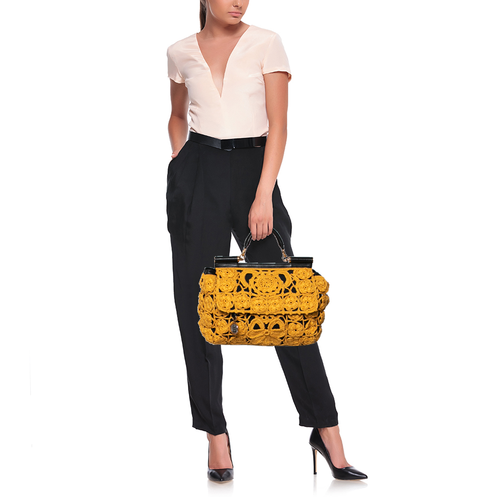 

Dolce & Gabbana Black/Mustard Crochet and Leather Large Sicily Top Handle Bag