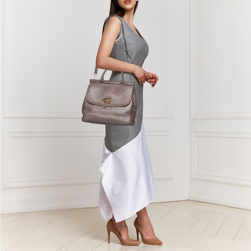 

Dolce & Gabbana Dark Beige Leather and Coated Raffia Miss Monica Top Handle Bag