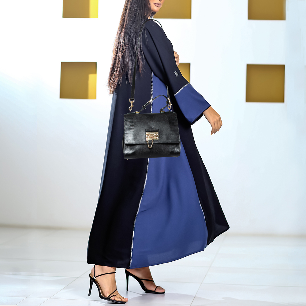 

Dolce & Gabbana Black Lizard Embossed Leather Medium Miss Monica Top Handle Bag