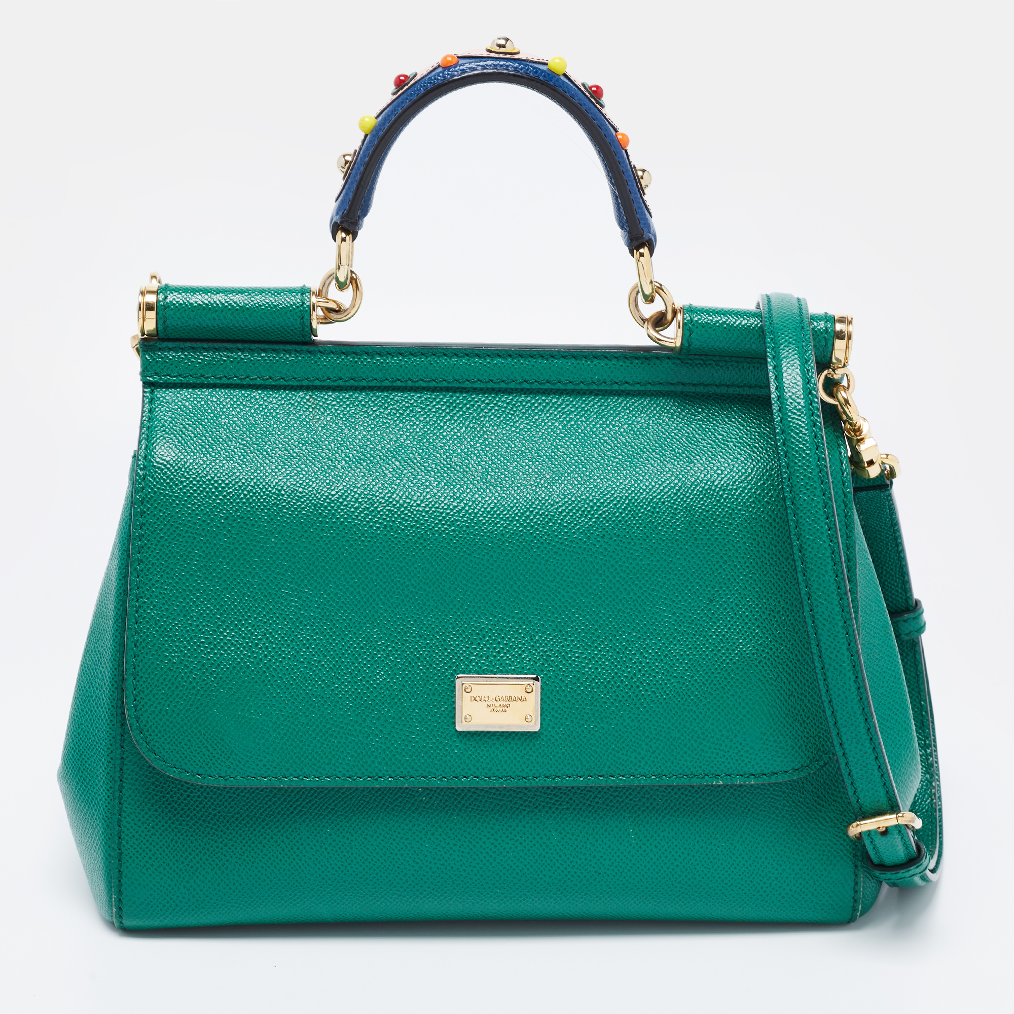 Pre Owned Dolce & Gabbana Green Leather Medium Miss Sicily Top Handle Bag