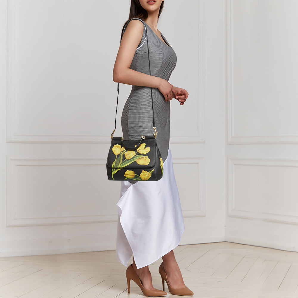

Dolce & Gabbana Black/Yellow Floral Print Leather Medium Miss Sicily Top Handle Bag