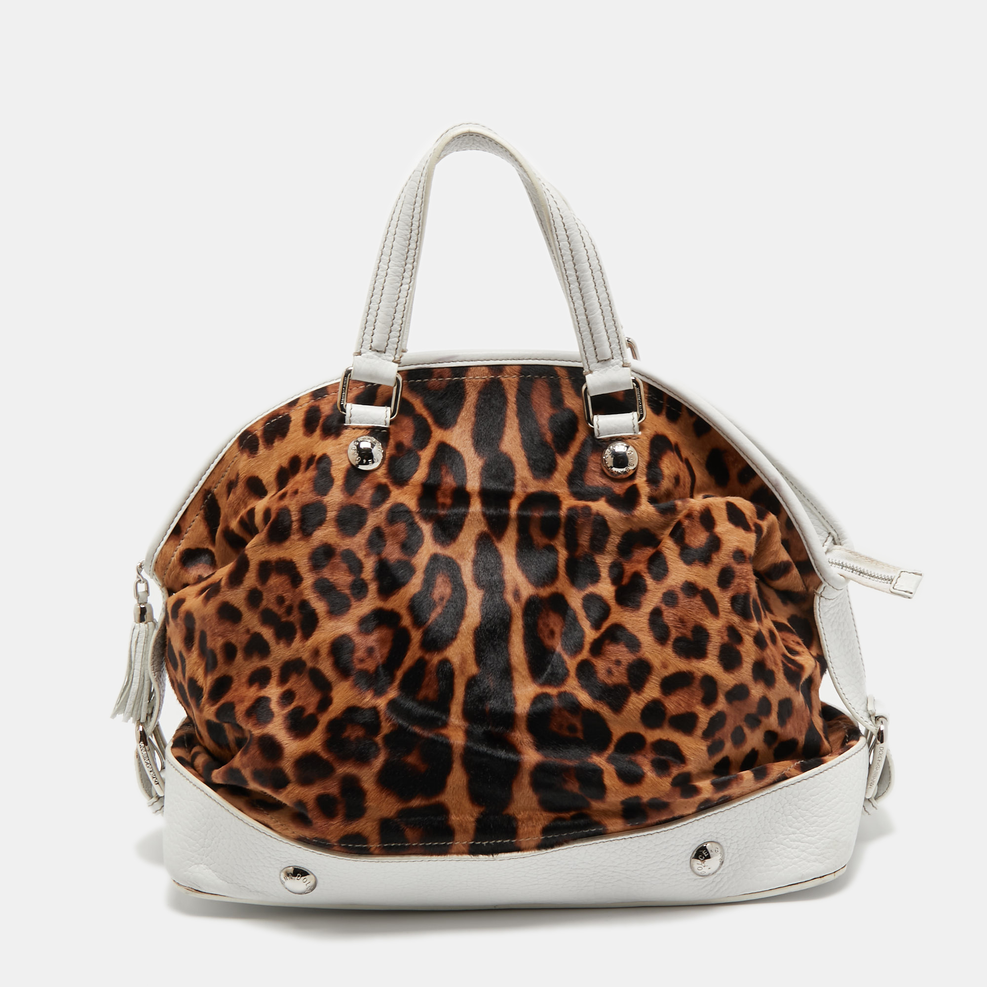 Pre-owned Dolce & Gabbana White/brown Leopard Print Calfhair And Leather Tassel Bowler Bag