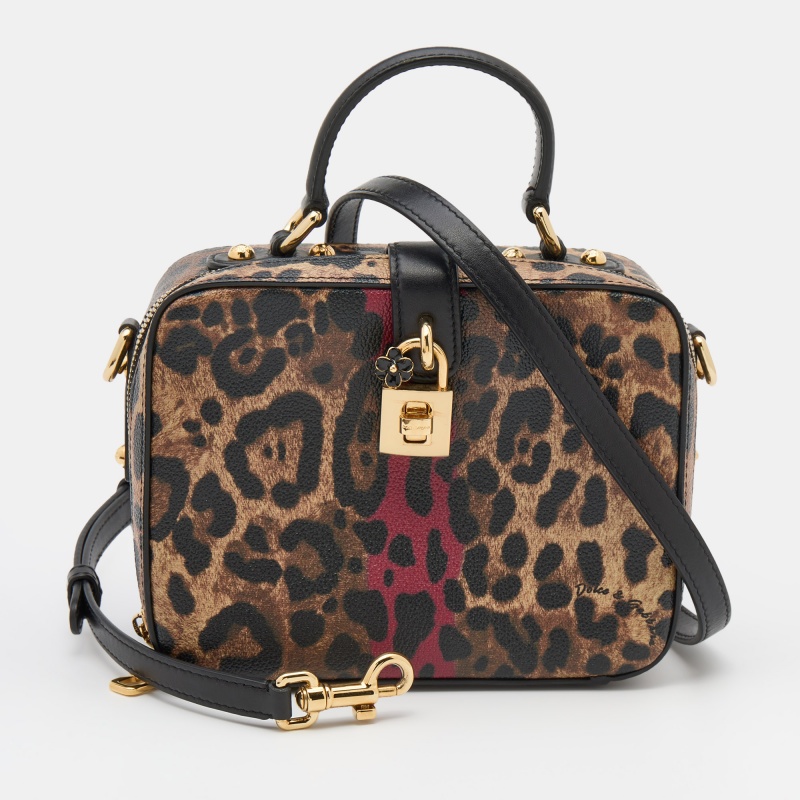 Pre Owned Dolce And Gabbana Brownblack Leopard Print Coated Canvas And Leather Dauphine Box Bag 5638