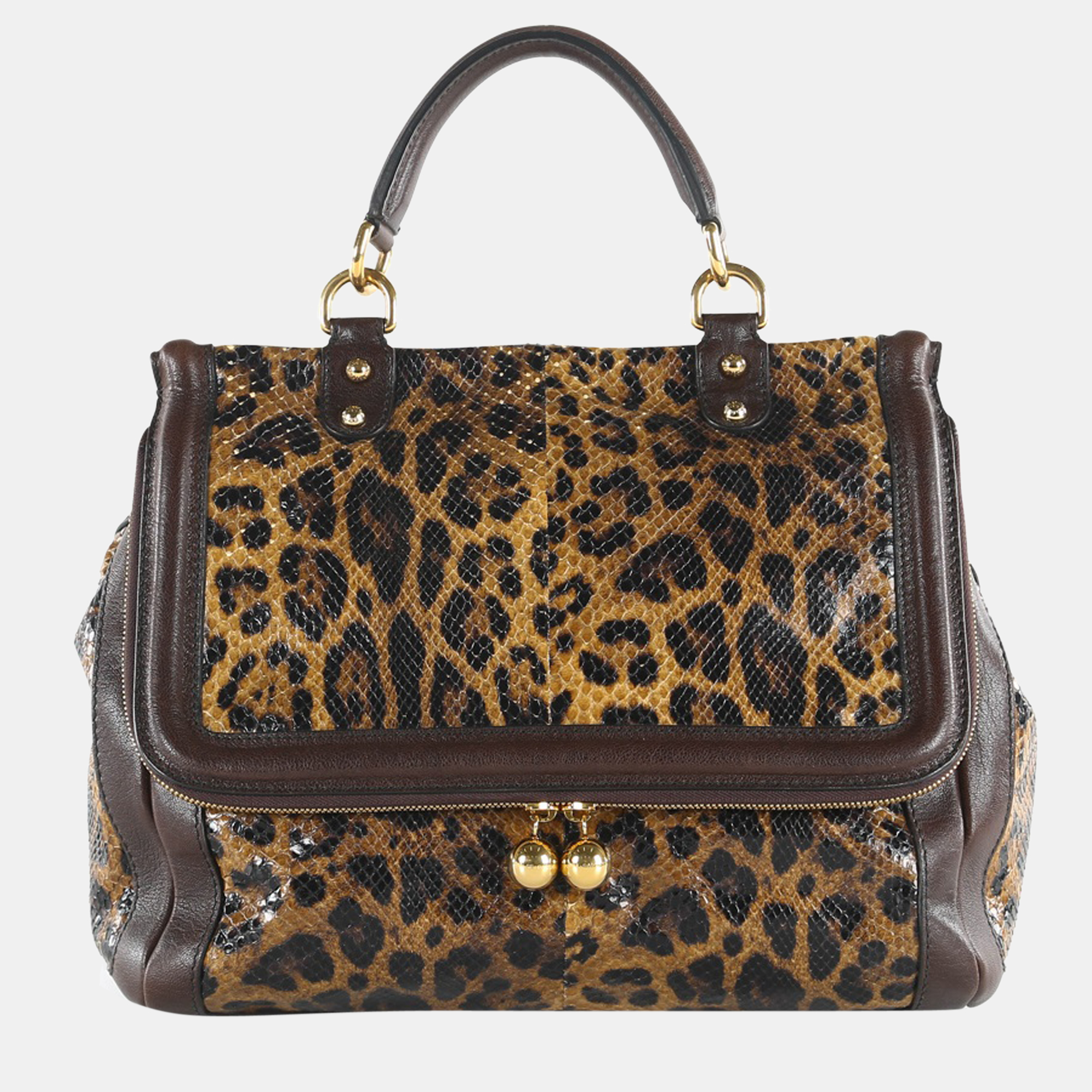 Pre-owned Dolce & Gabbana Brown Leopard Print & Python Skin Leather Sicily Shoulder Bag