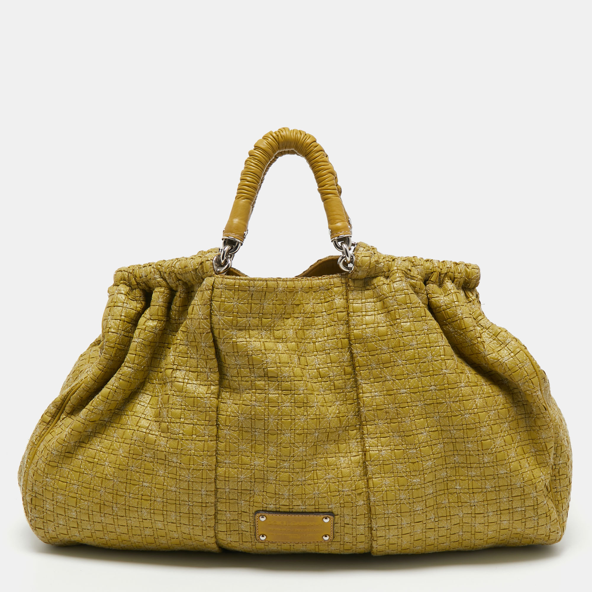 Pre Owned Dolce & Gabbana Green Woven Leather Miss Lexington Hobo
