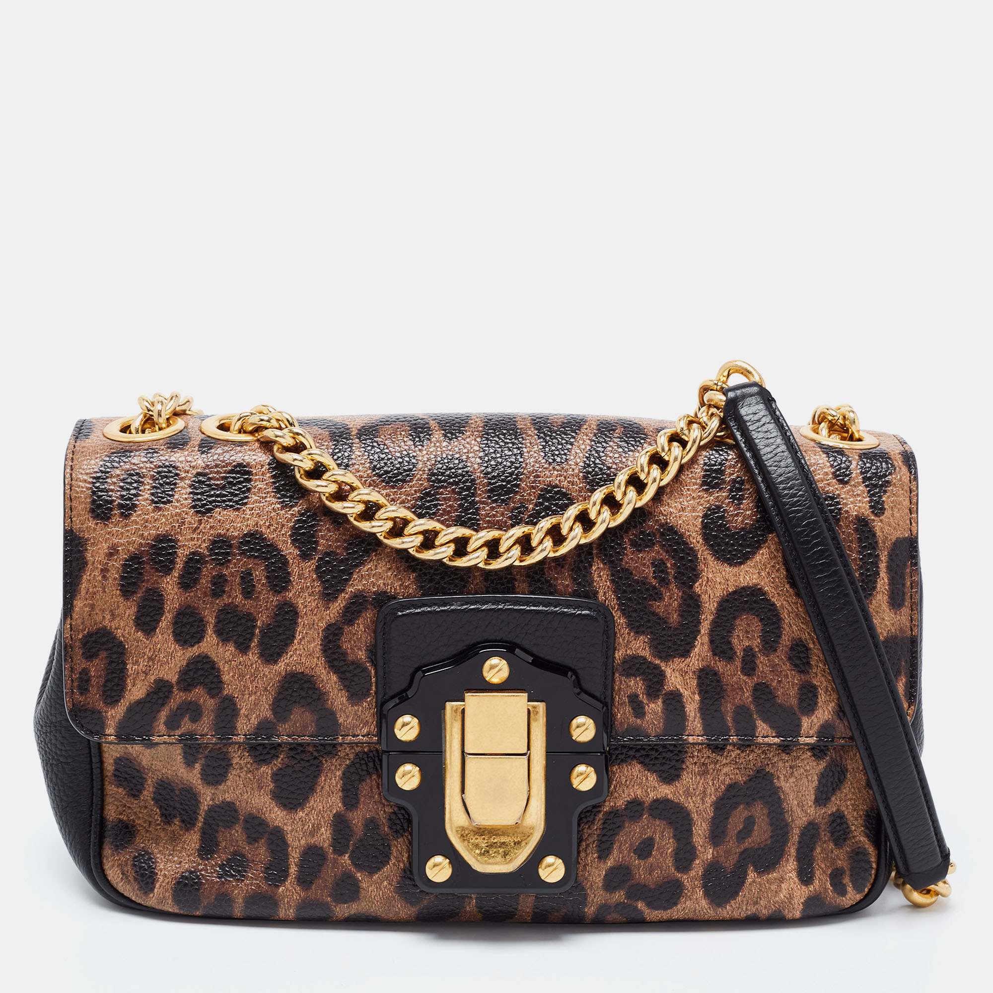 Pre-owned Dolce & Gabbana Brown/black Leopard Print Leather Lucia Shoulder Bag