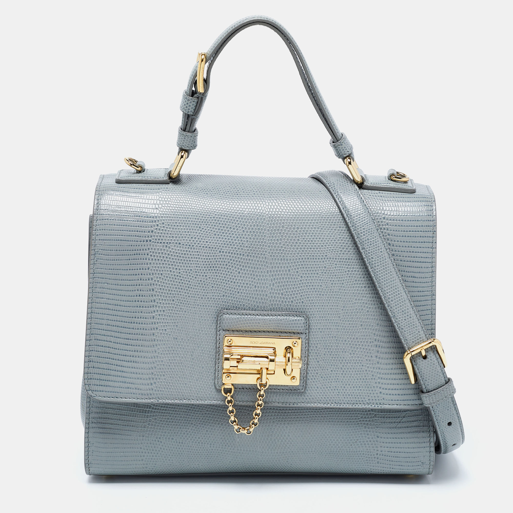 Pre-owned Dolce & Gabbana Grey Lizard Embossed Leather Medium Miss Monica Top Handle Bag