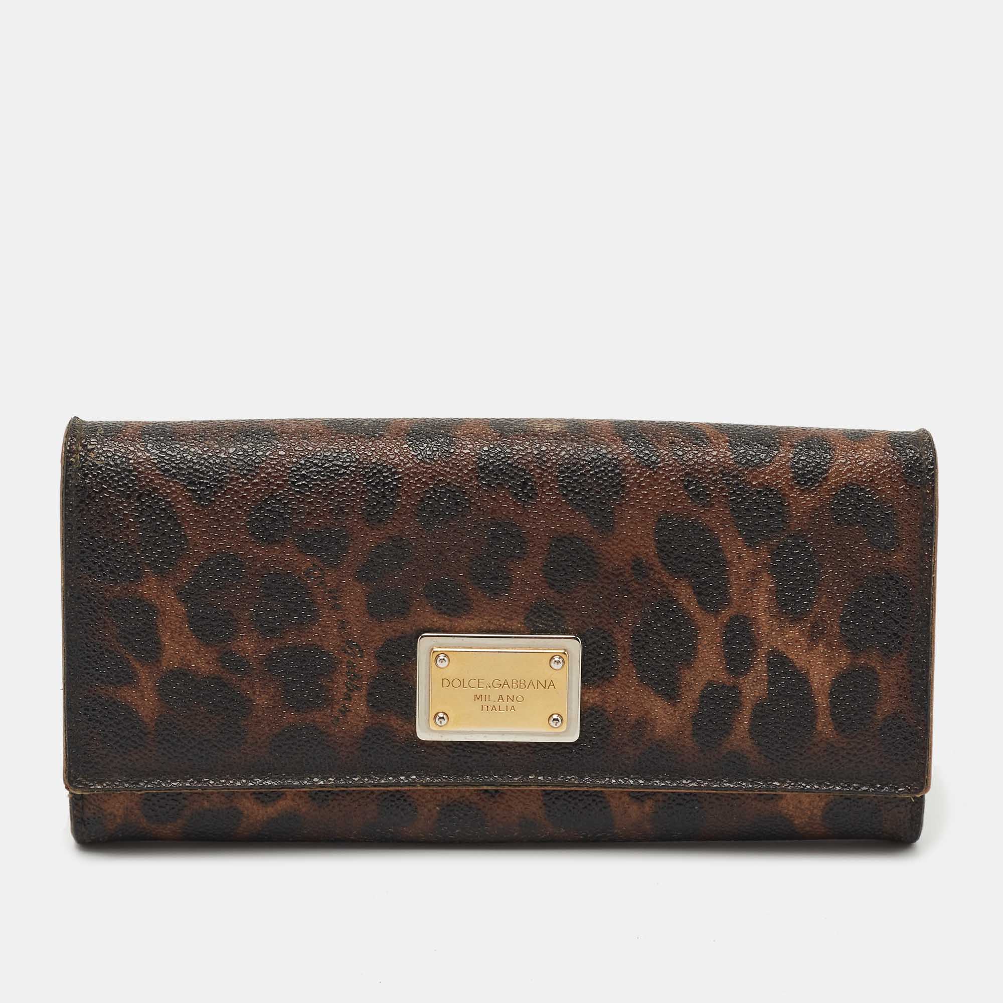 Pre-owned Dolce & Gabbana Dark Brown Leopard Print Coated Canvas Flap Continental Wallet