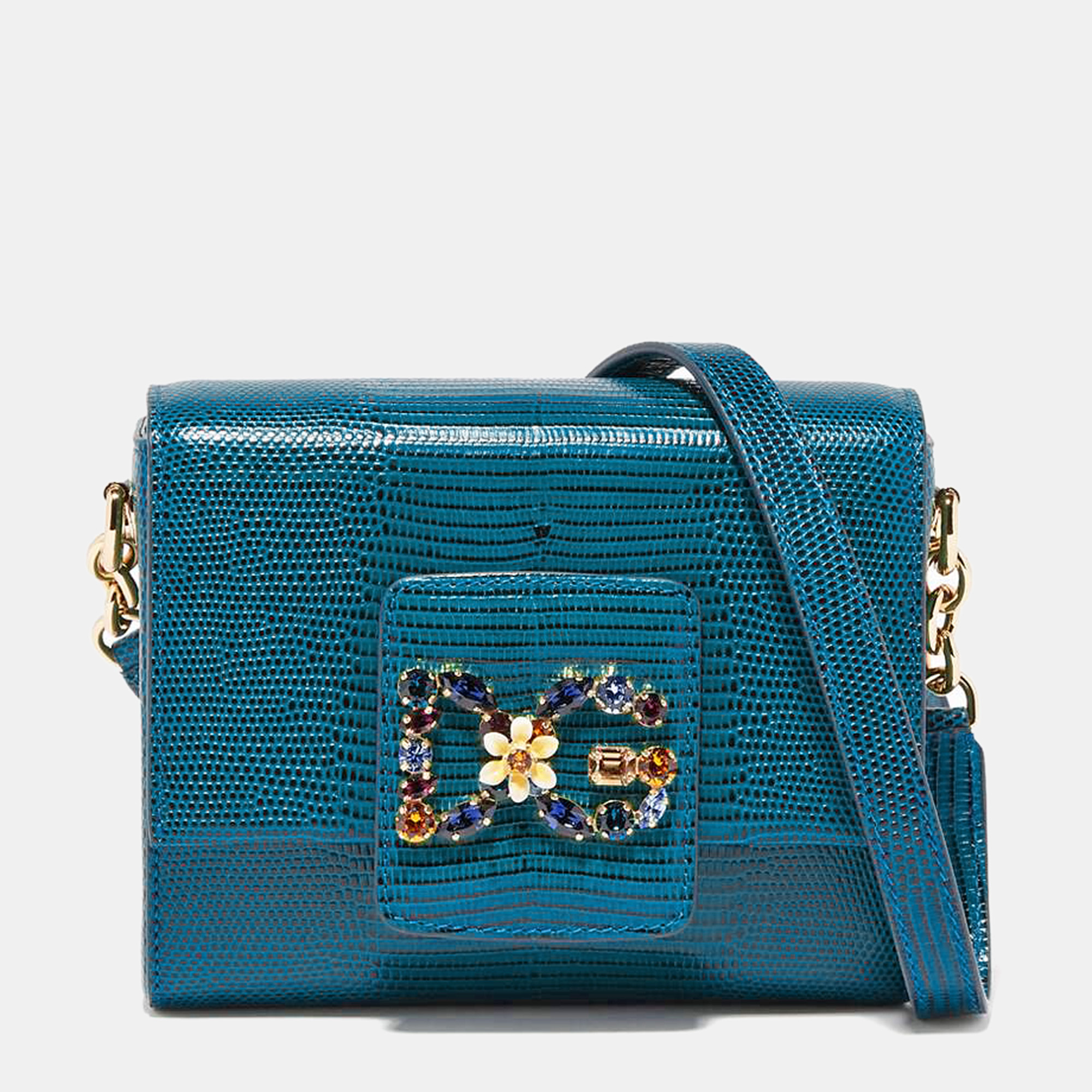 Pre-owned Dolce & Gabbana Blue Iguana Embossed Leather Mini Dg Millennials Crossbody Bag