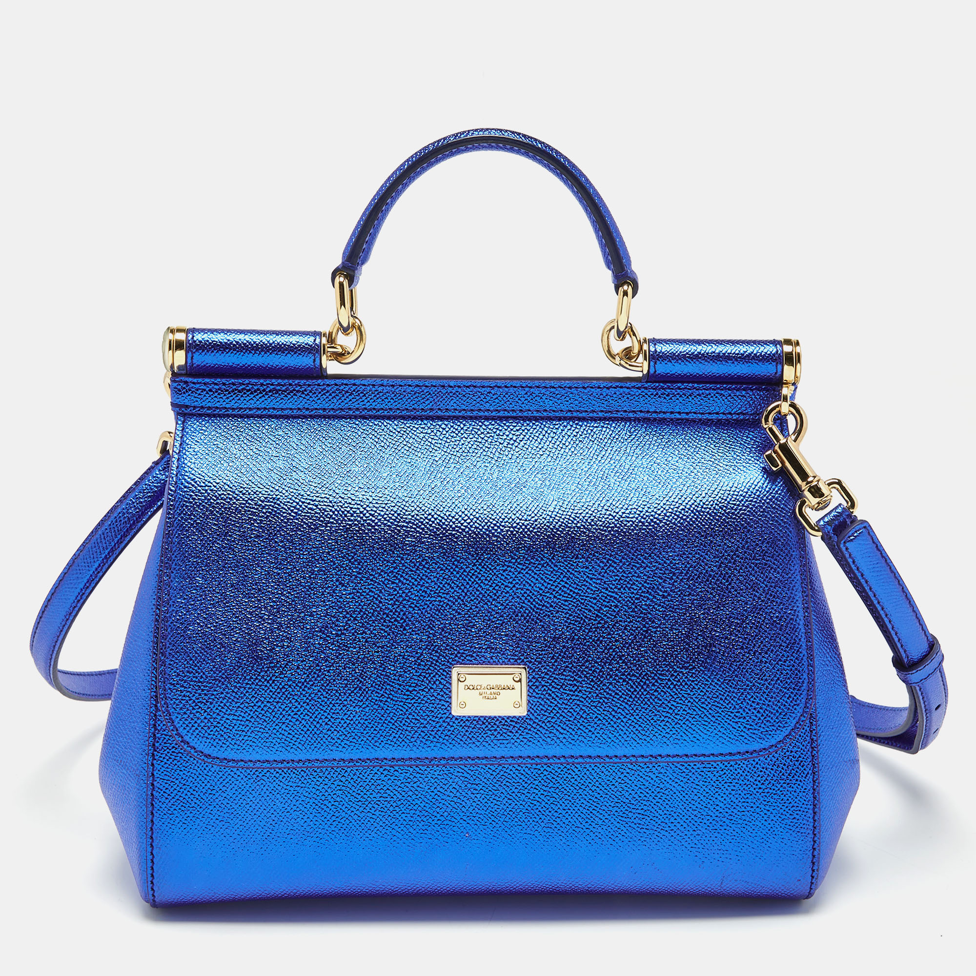 Pre-owned Dolce & Gabbana Metallic Blue Leather Medium Miss Sicily Top Handle Bag