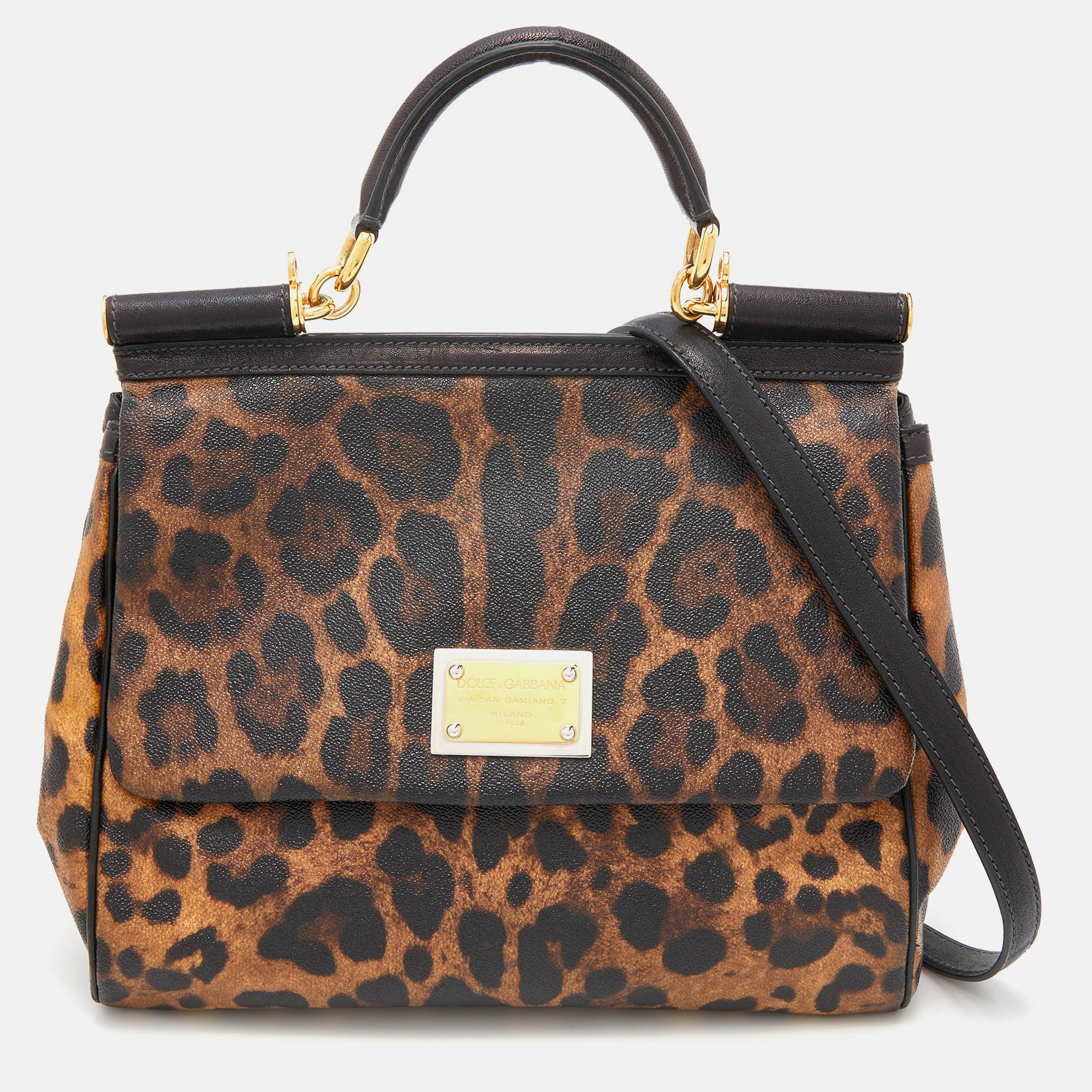 Pre-owned Dolce & Gabbana Brown/black Leopard Print Coated Canvas And Leather Large Miss Sicily Top Handle Bag