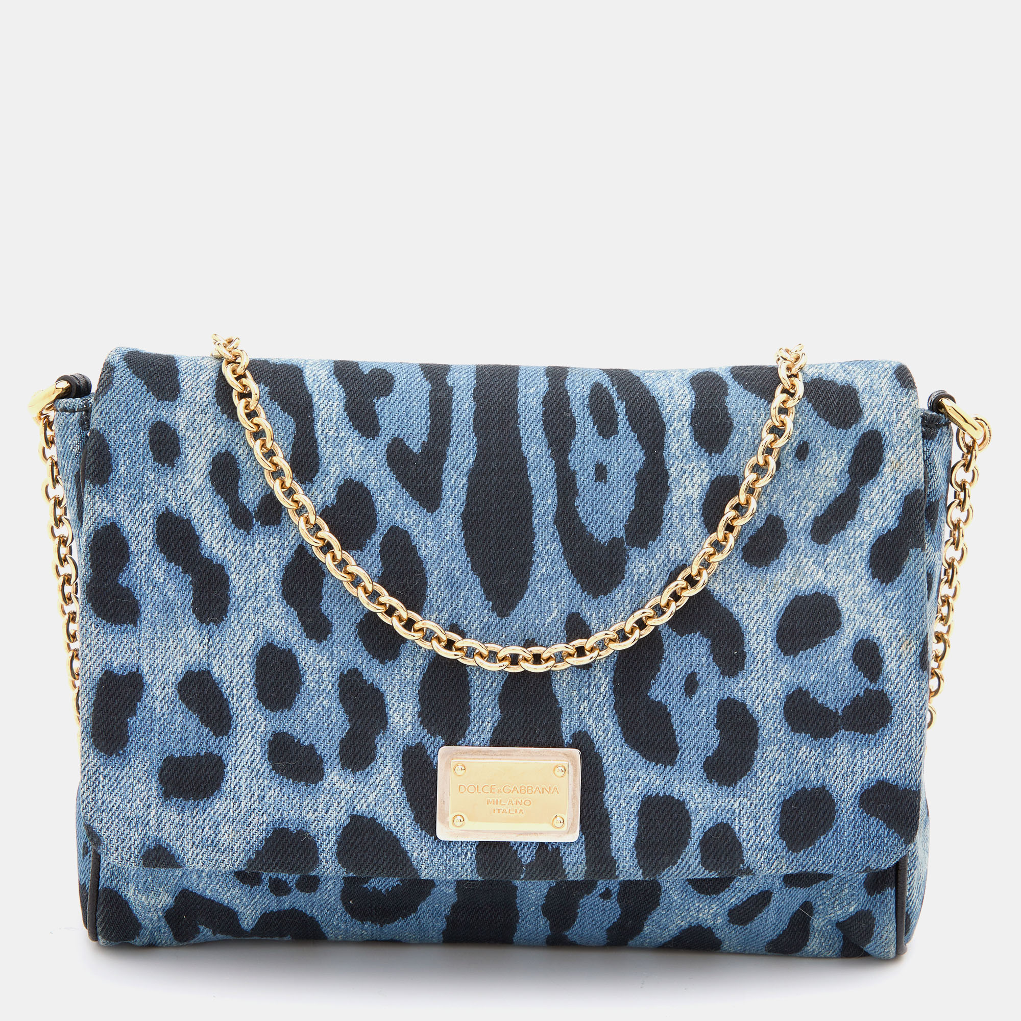 Pre-owned Dolce & Gabbana Blue/black Leopard Print Denim Chain Shoulder Bag