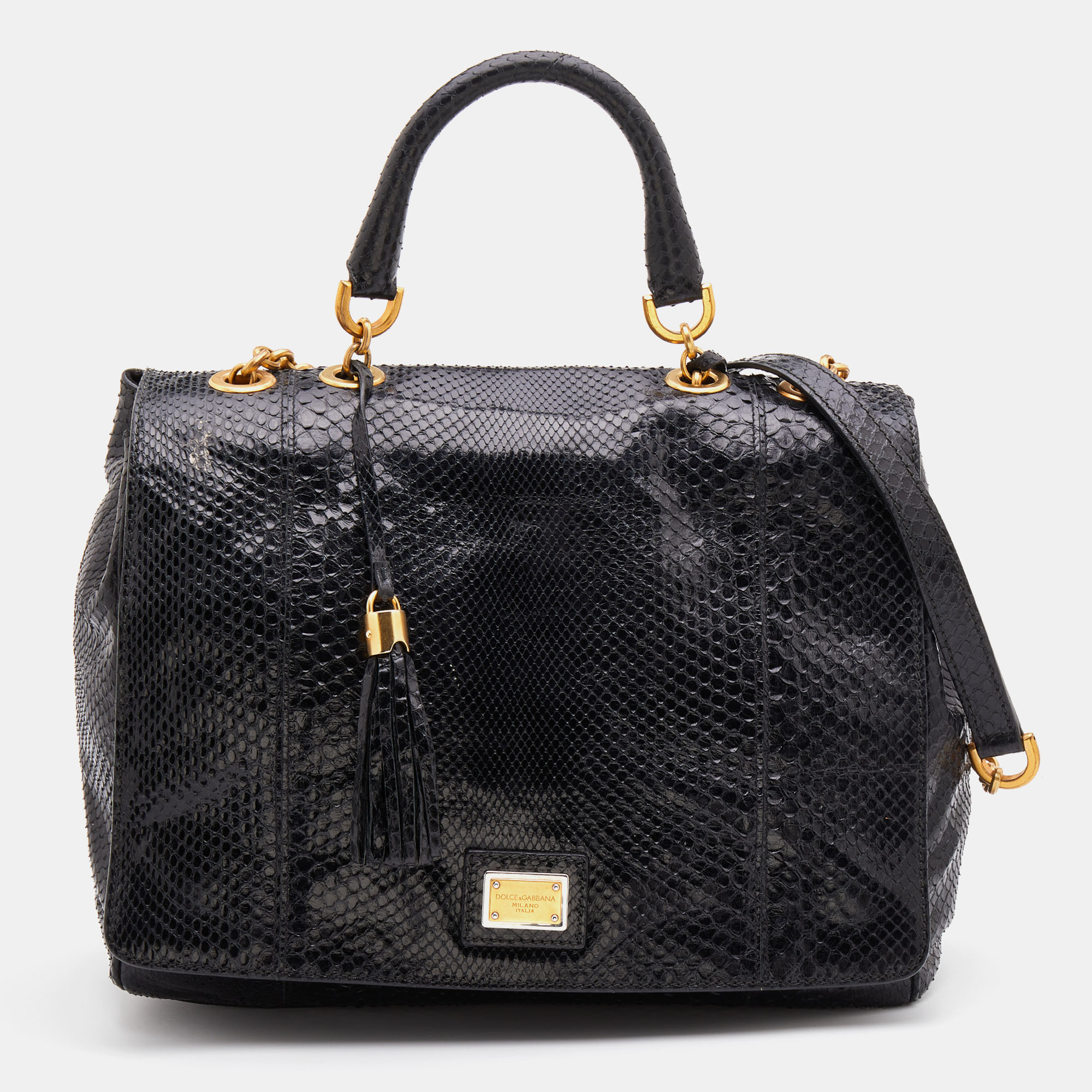 Pre-owned Dolce & Gabbana Black Python Leather Tassel Top Handle Bag