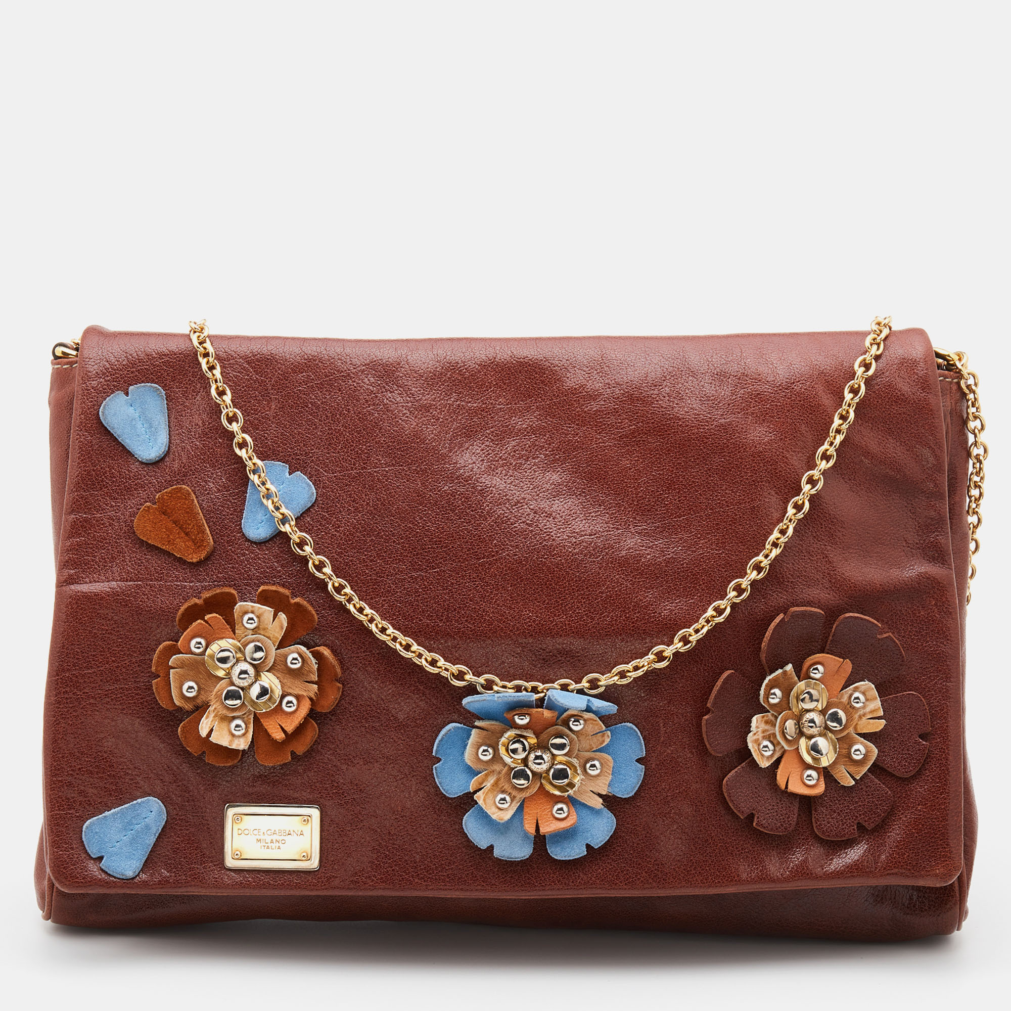 Pre-owned Dolce & Gabbana Brown Leather Studded Flower Flap Shoulder Bag
