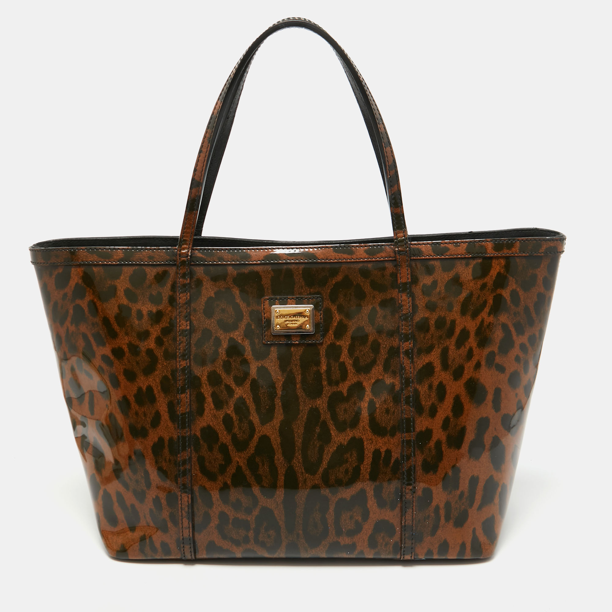 Pre-owned Dolce & Gabbana Brown/black Leopard Print Patent Leather Miss Escape Tote