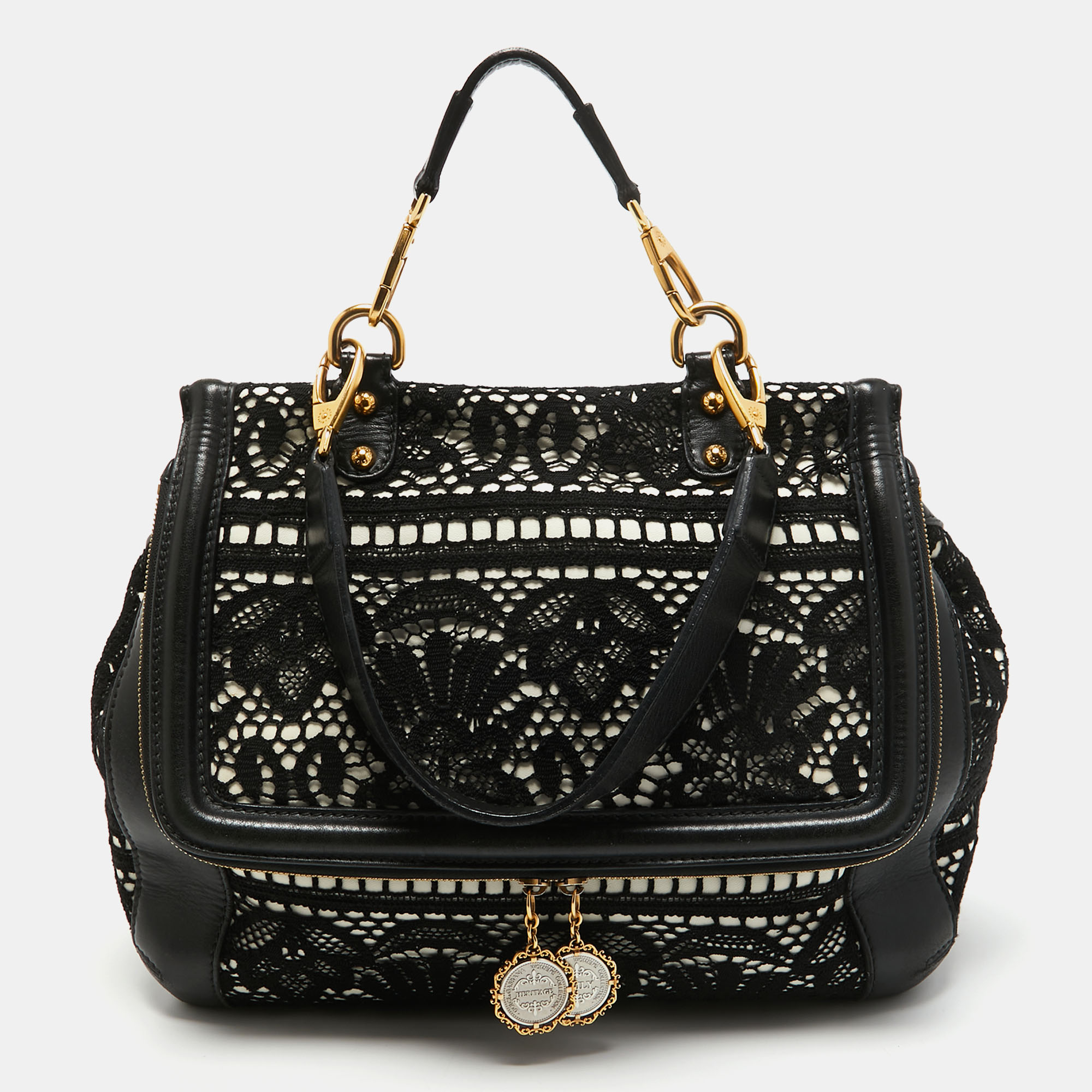 Pre Owned Dolce & Gabbana White/Black Crochet and Leather Miss Sicily Top Handle Bag