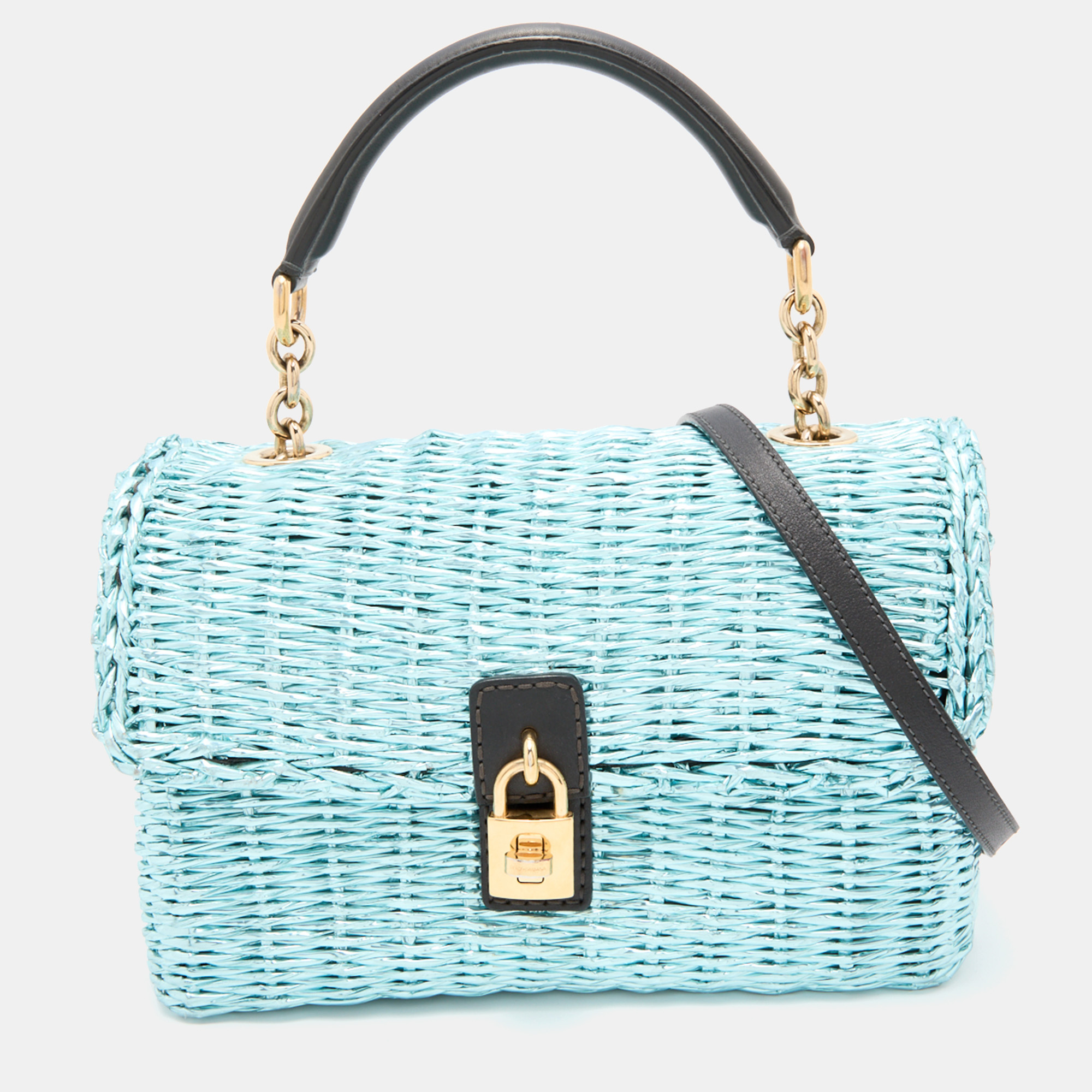 Pre-owned Dolce & Gabbana Metallic Blue/black Woven Straw And Leather Miss Dolce Top Handle Bag