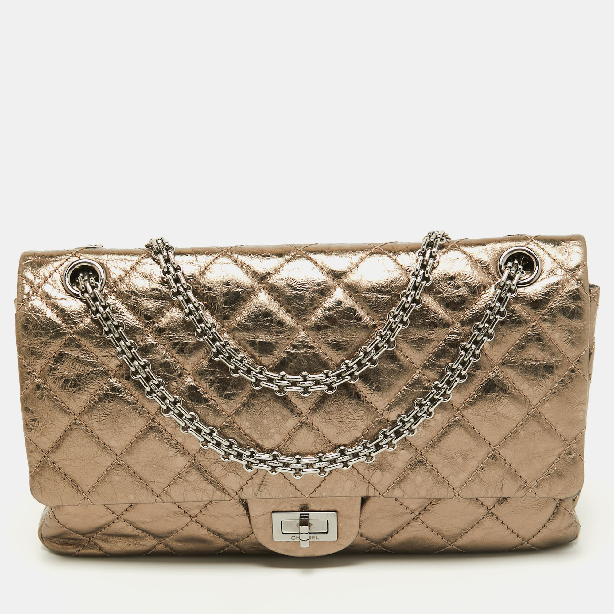 A METALLIC CHAMPAGNE AGED LAMBSKIN LEATHER 2.55 REISSUE 226 DOUBLE FLAP  WITH SILVER HARDWARE, CHANEL, 2006