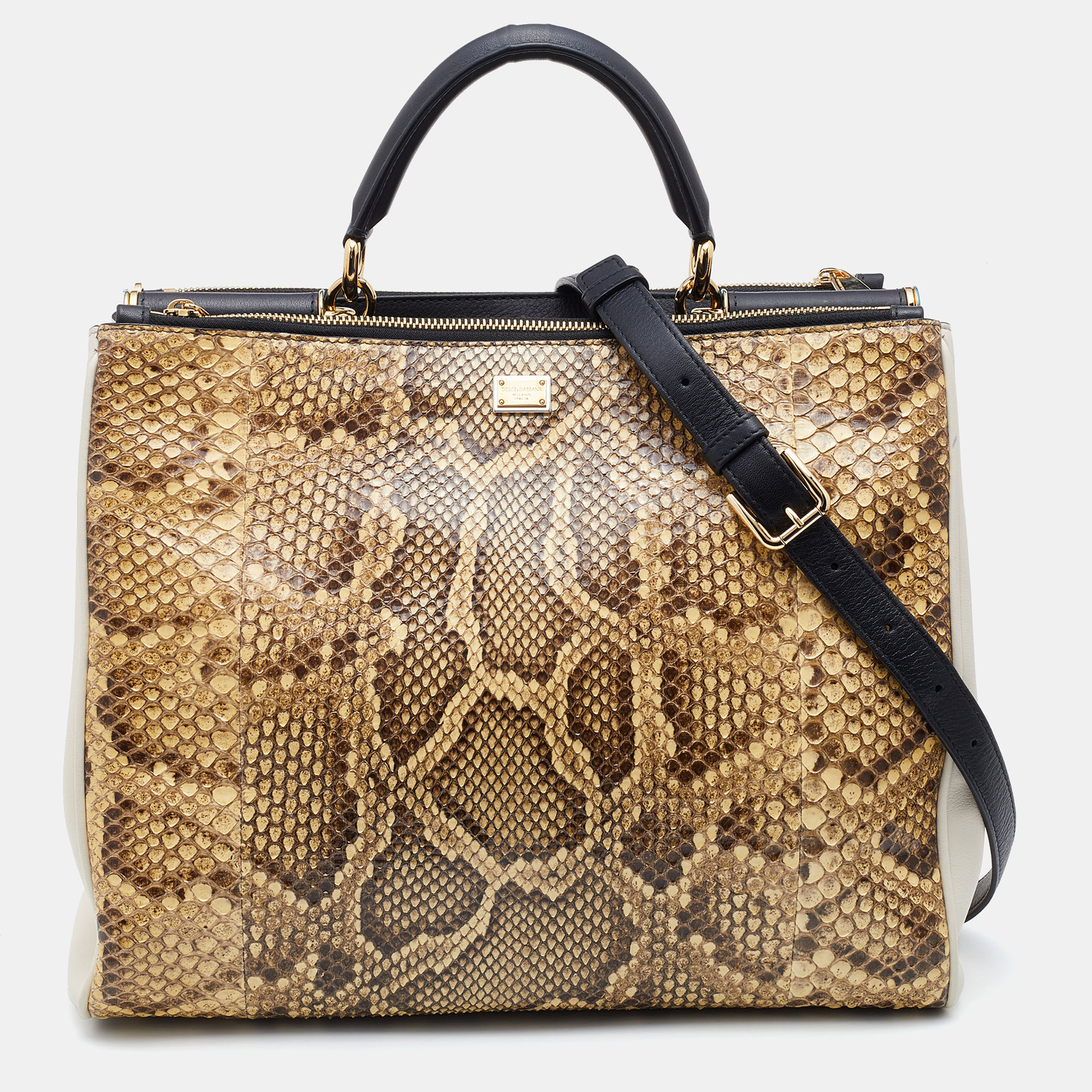 Pre-owned Dolce & Gabbana Python And Leather Large Miss Sicily Shopper Tote In Beige