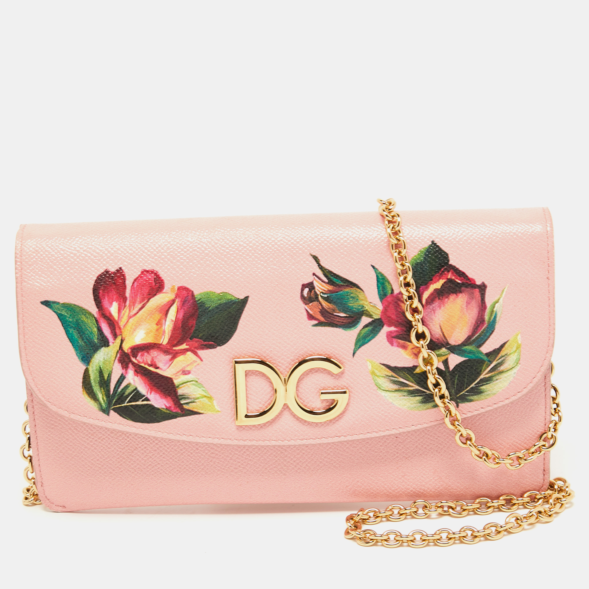 Pre-owned Dolce & Gabbana Pink Floral Print Leather Dg Logo Chain Clutch