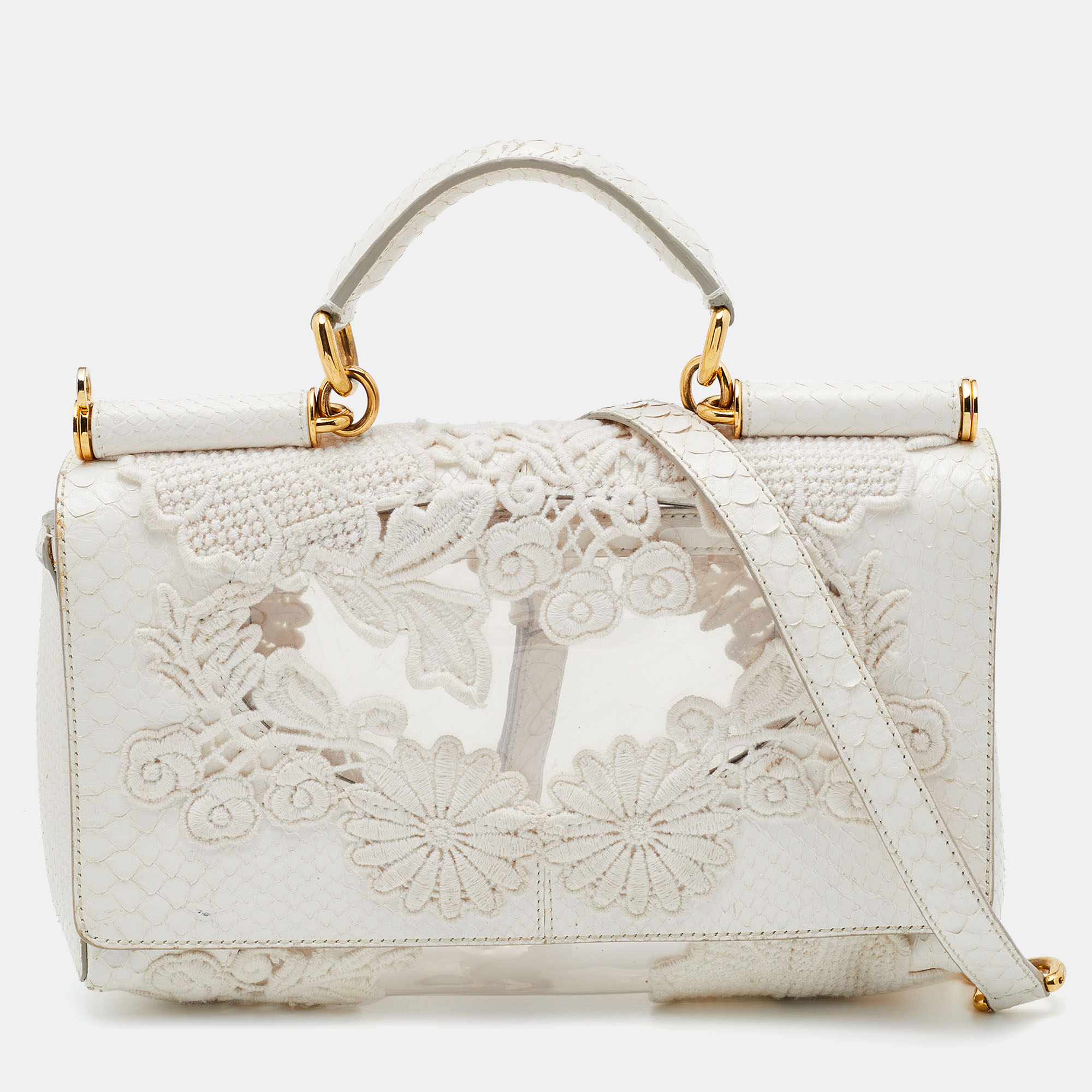 Pre-owned Dolce & Gabbana White Pvc Lace And Python Miss Sicily Top Handle Bag