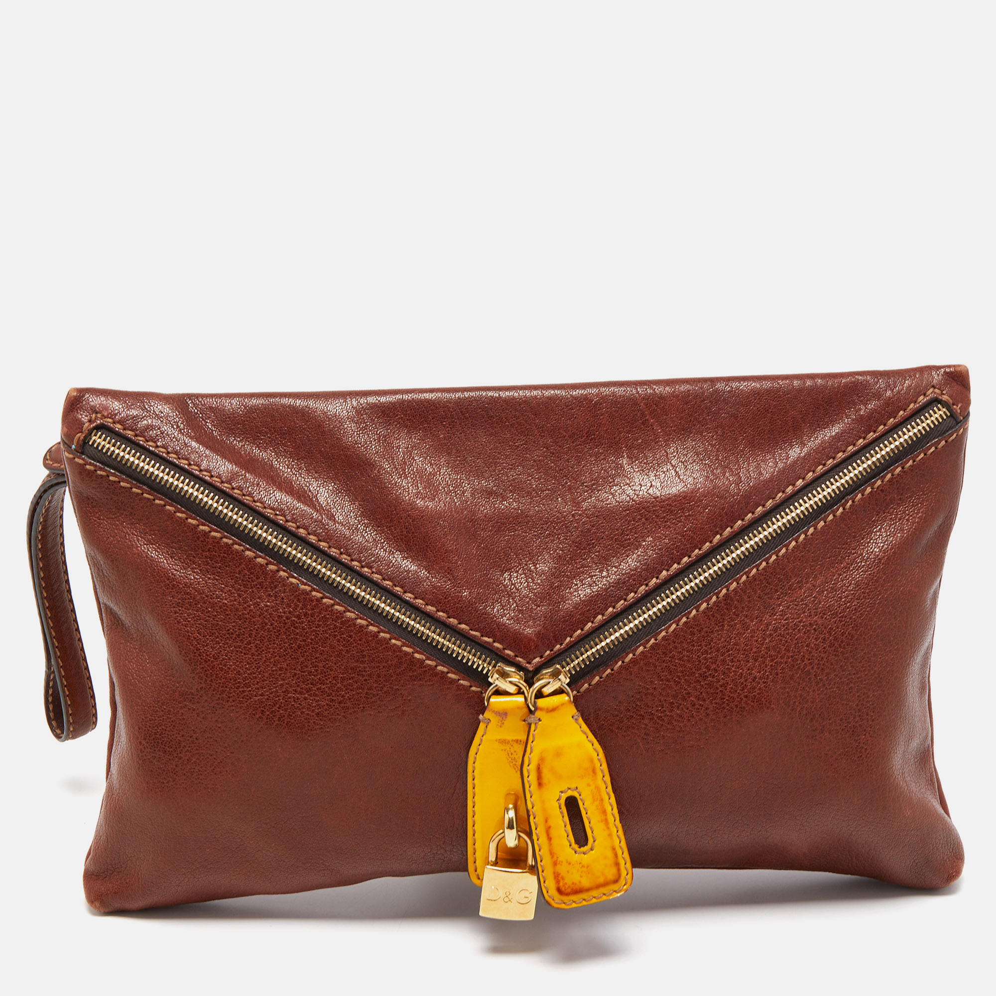 Pre-owned Dolce & Gabbana D & G Brown/yellow Leather Micol Wristler Clutch