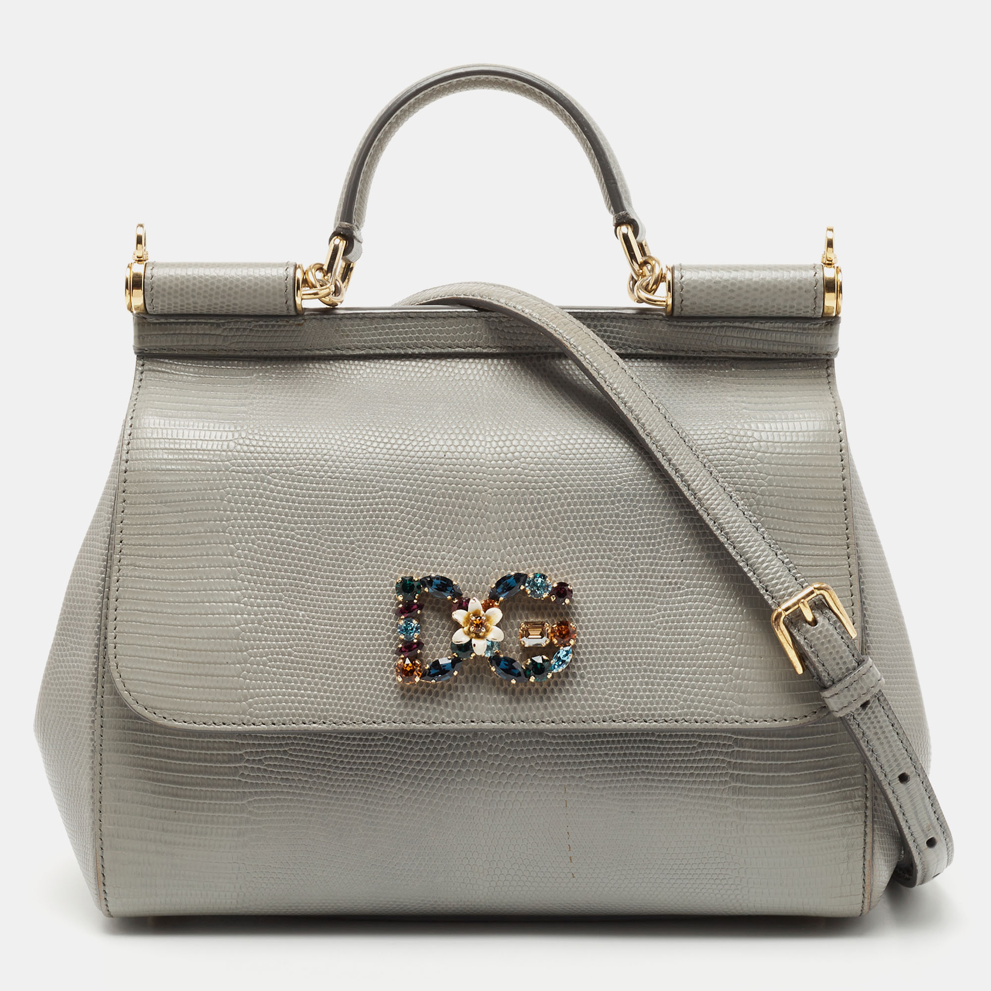مملوكة مسبقًا Dolce & Gabbana Grey Lizard Embossed Leather Medium Miss Sicily Top Handle Bag