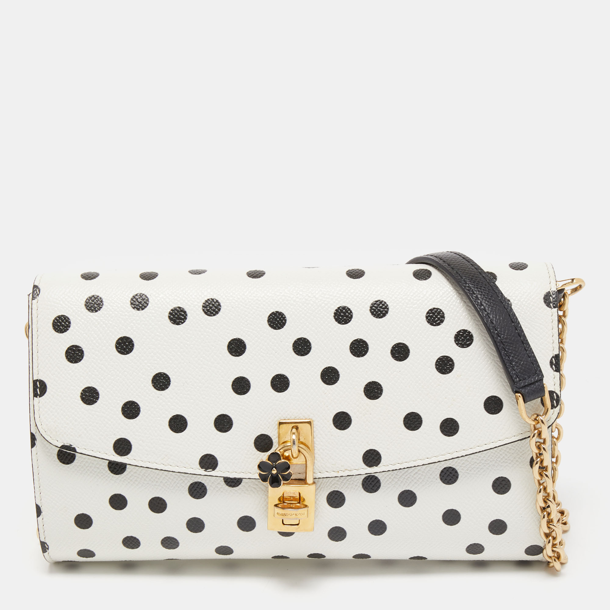 Pre Owned Dolce & Gabbana White/Black Polka Dot Leather Padlock Chain Clutch
