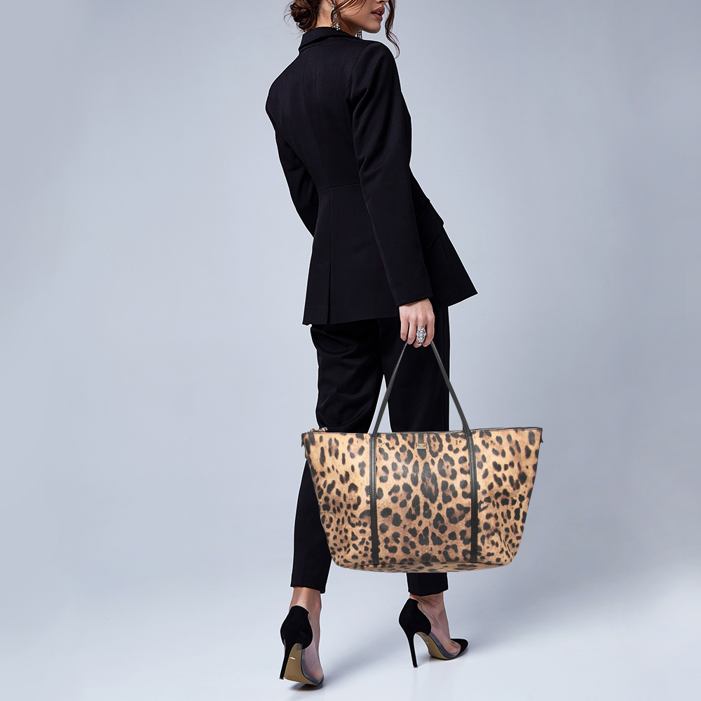 

Dolce & Gabbana Black/Brown Leopard Print Coated Canvas and Leather Miss Escape Zip Tote