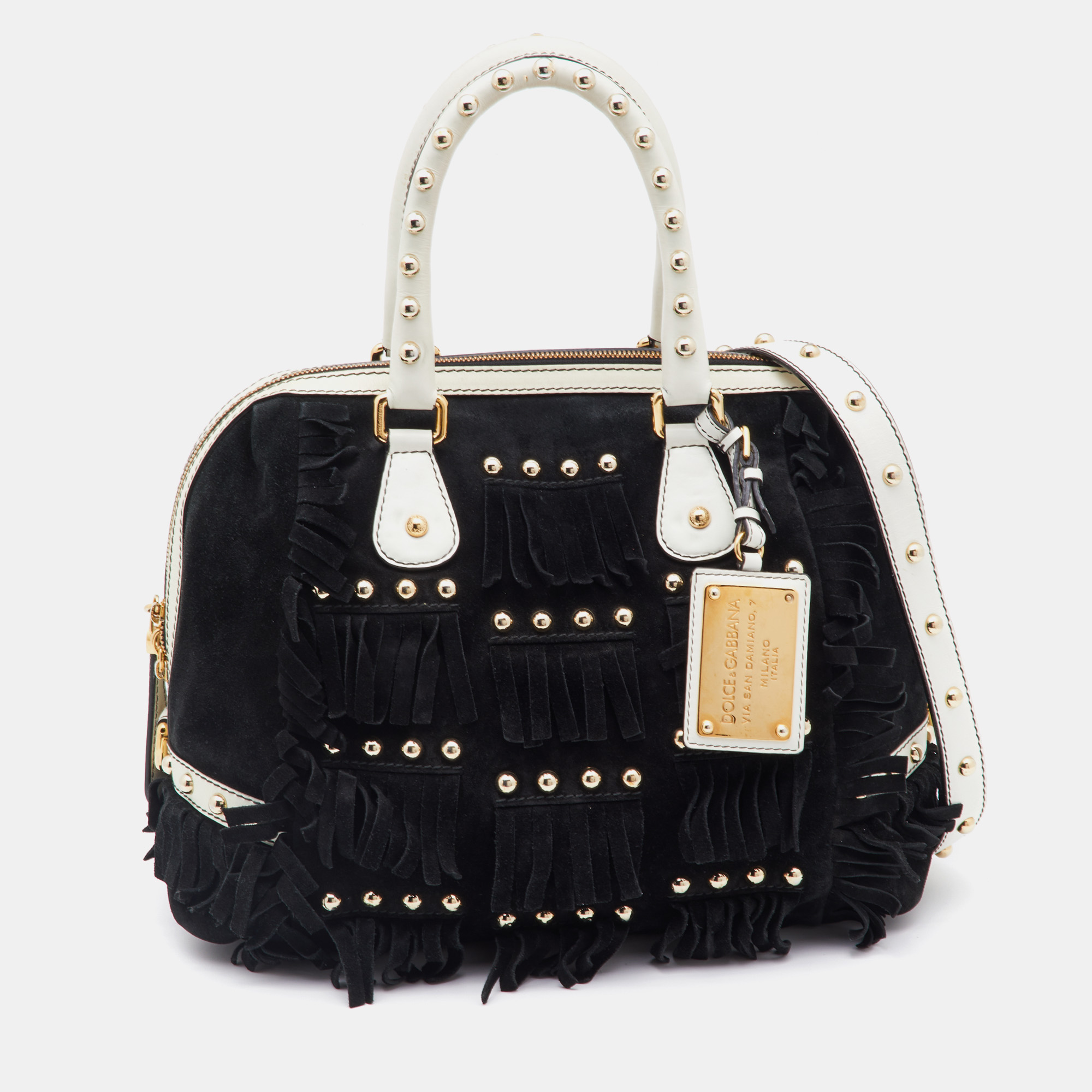 

Dolce & Gabbana Black Suede and Leather Fringed Satchel