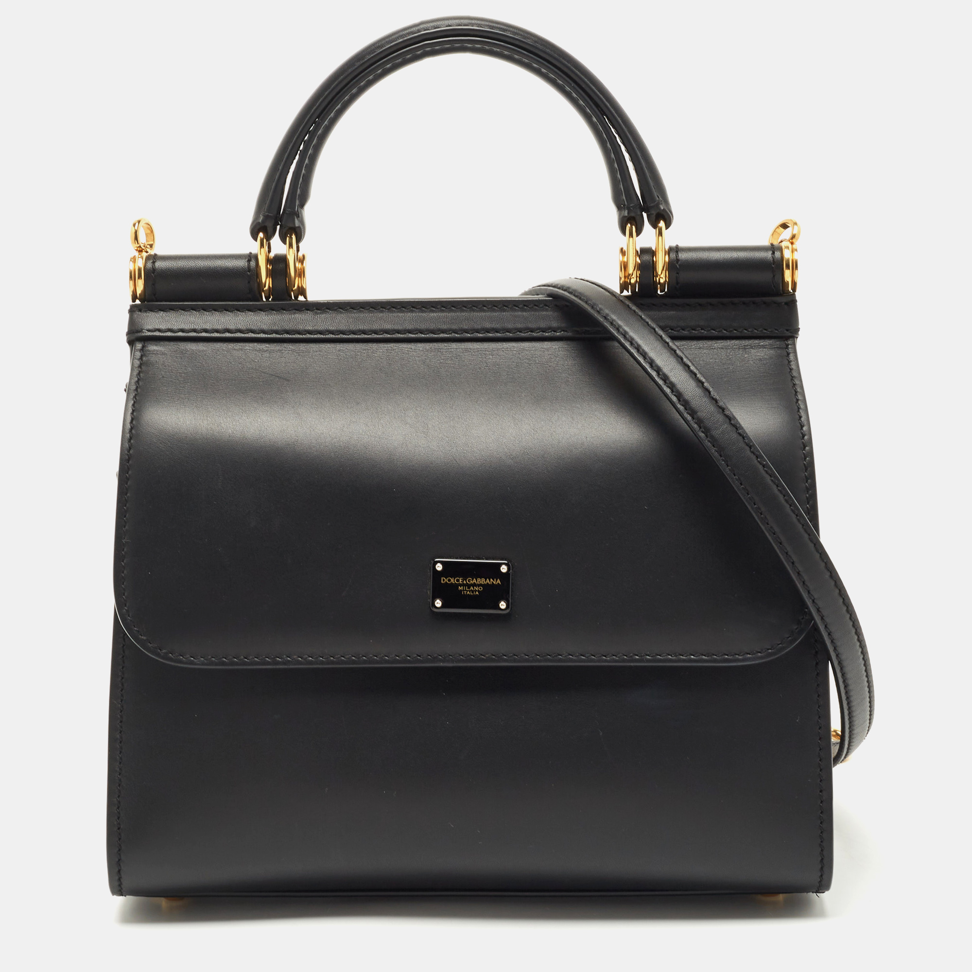 Pre Owned Dolce & Gabbana Black Leather Medium Miss Sicily 58 Top Handle Bag