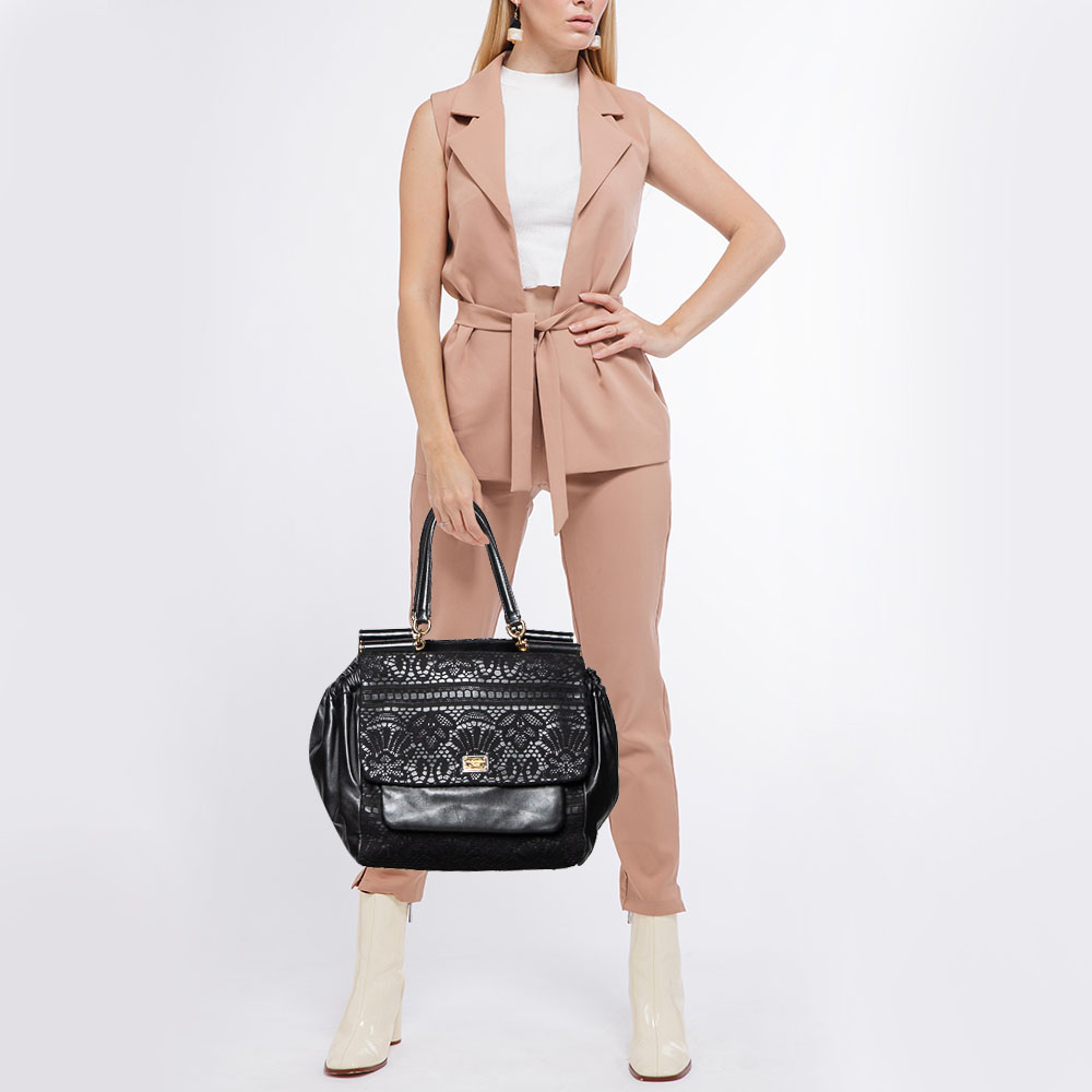 

Dolce & Gabbana Black Lace and Leather Miss Sicily Top Handle Bag