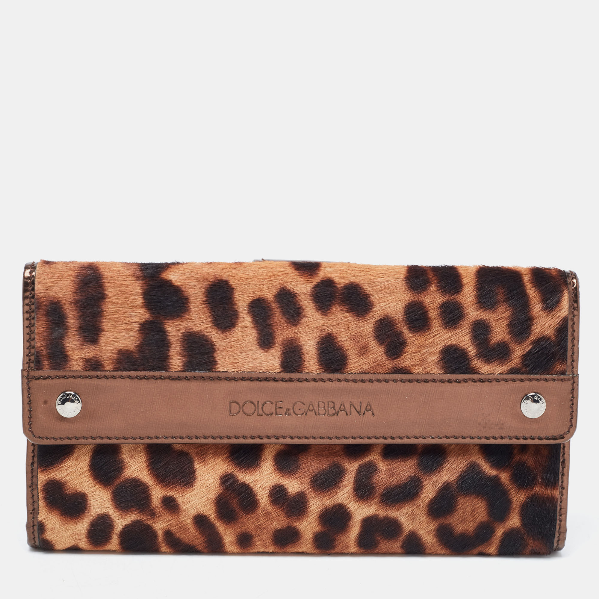 Pre-owned Dolce & Gabbana Brown Leopard Print Calfhair And Patent Leather Continental Wallet