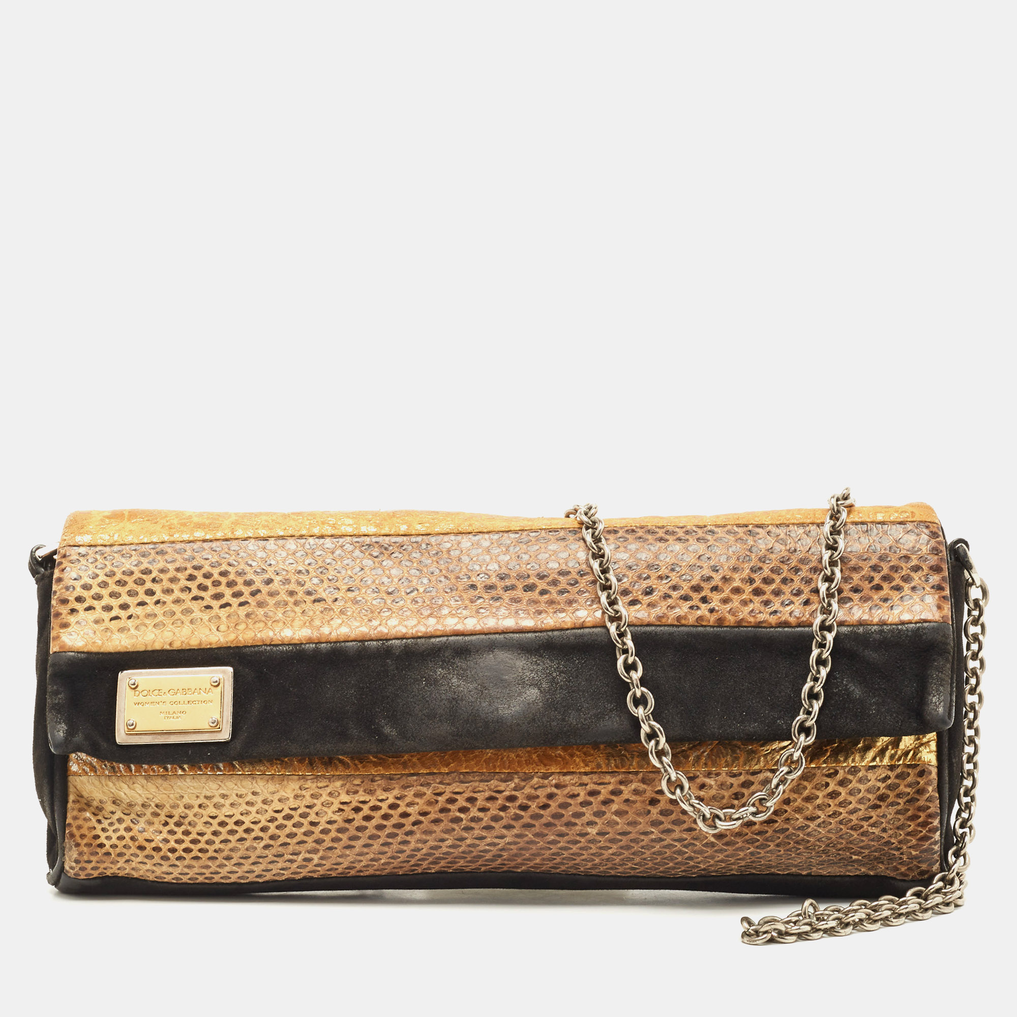 Pre-owned Dolce & Gabbana Black/brown Suede And Snakeskin Leather Chain Clutch
