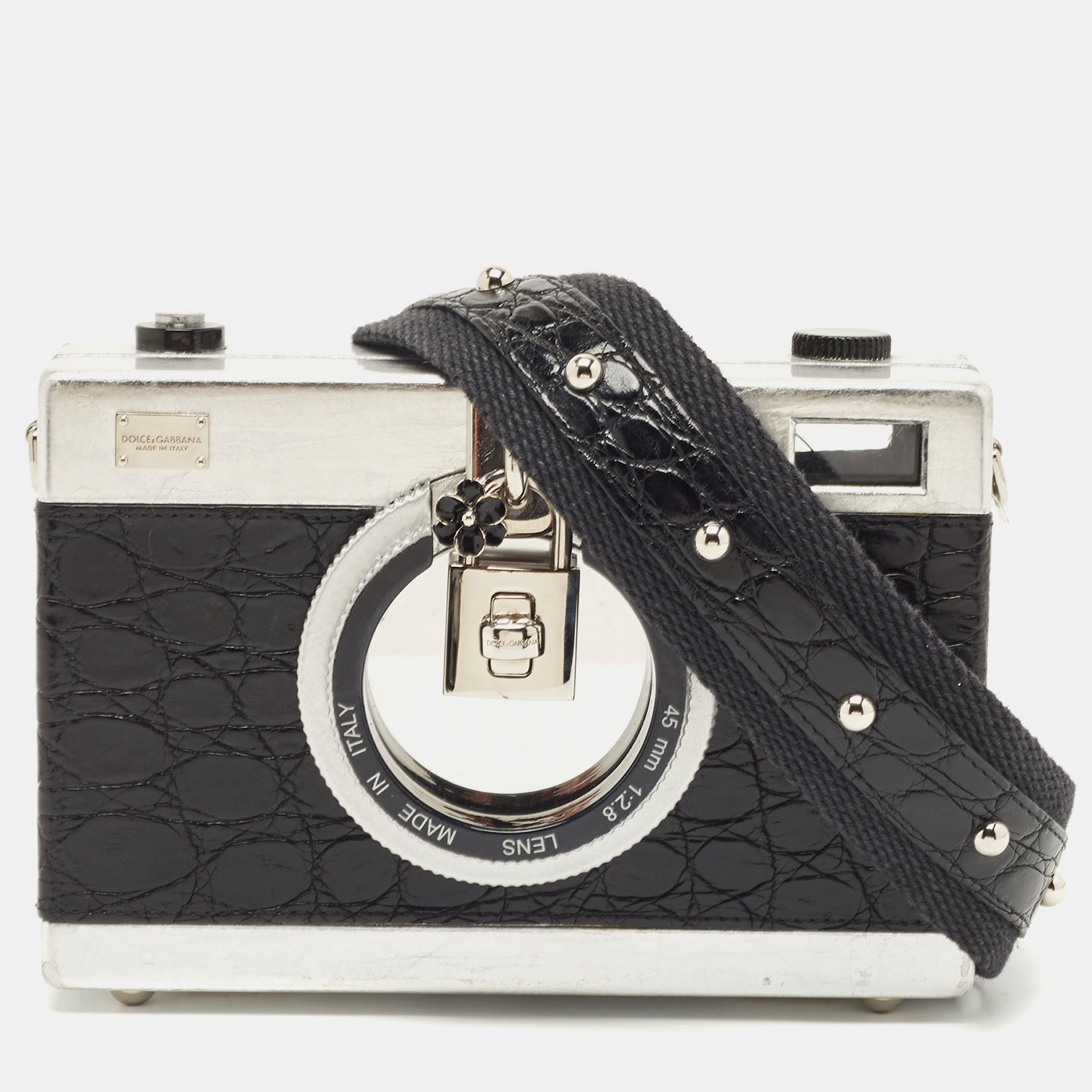 

Dolce & Gabbana Black/Silver Croc Embossed and Leather Camera Case Shoulder Bag