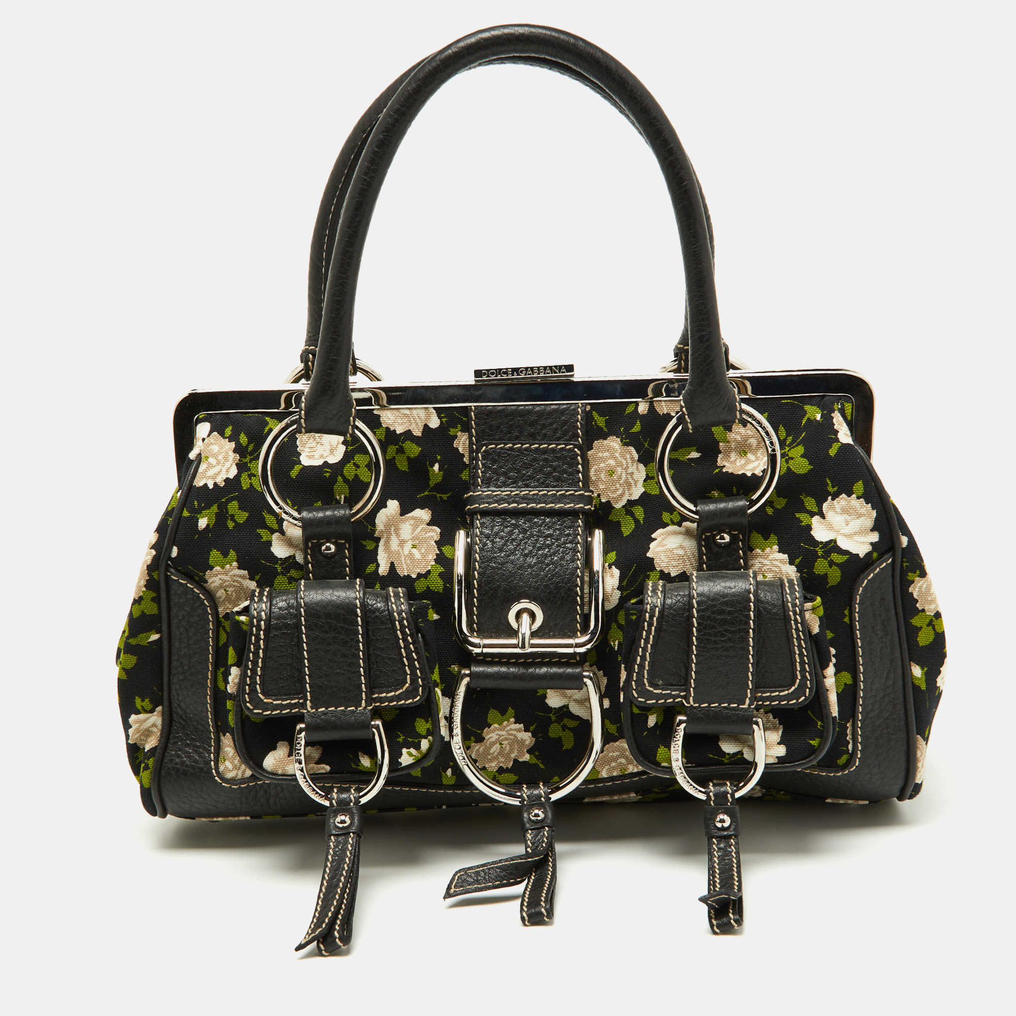 Pre-owned Dolce & Gabbana Black Floral Print Canvas And Leather Frame Satchel