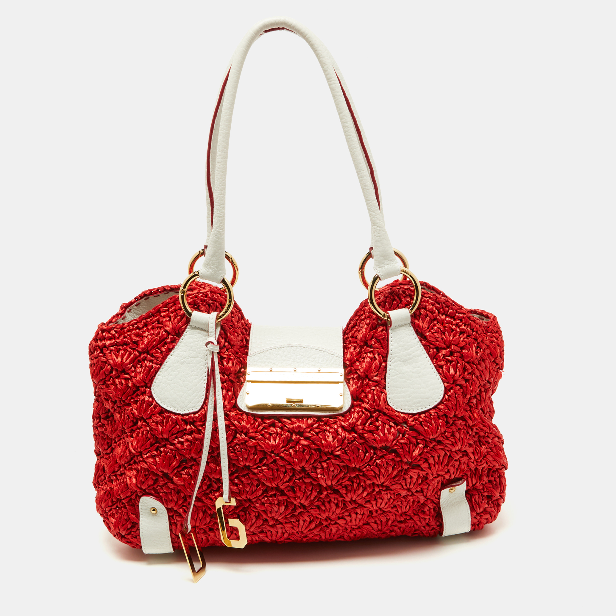 Pre-owned Dolce & Gabbana Red/white Crochet Straw And Leather Dg Charm Bag