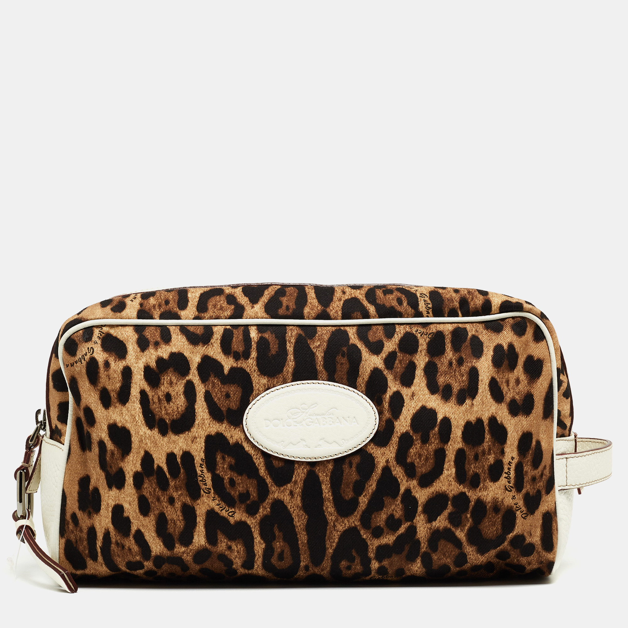 

Dolce & Gabbana White/Brown Leopard Print Fabric and Leather Cosmetic Pouch