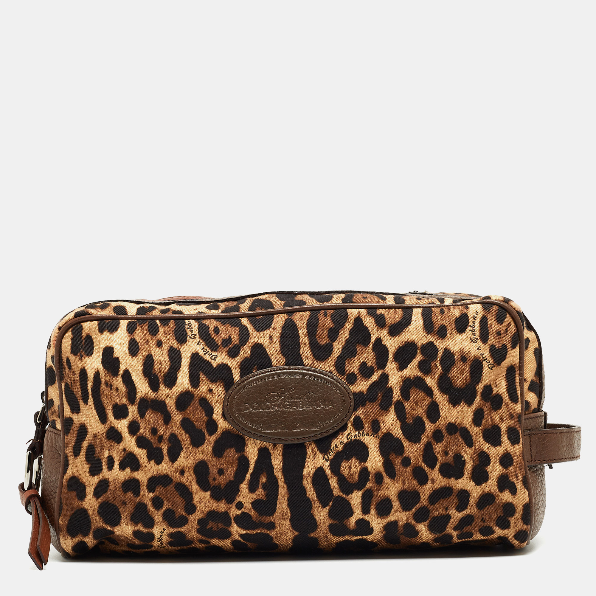 Pre-owned Dolce & Gabbana Brown Leopard Print Fabric And Leather Cosmetic Pouch