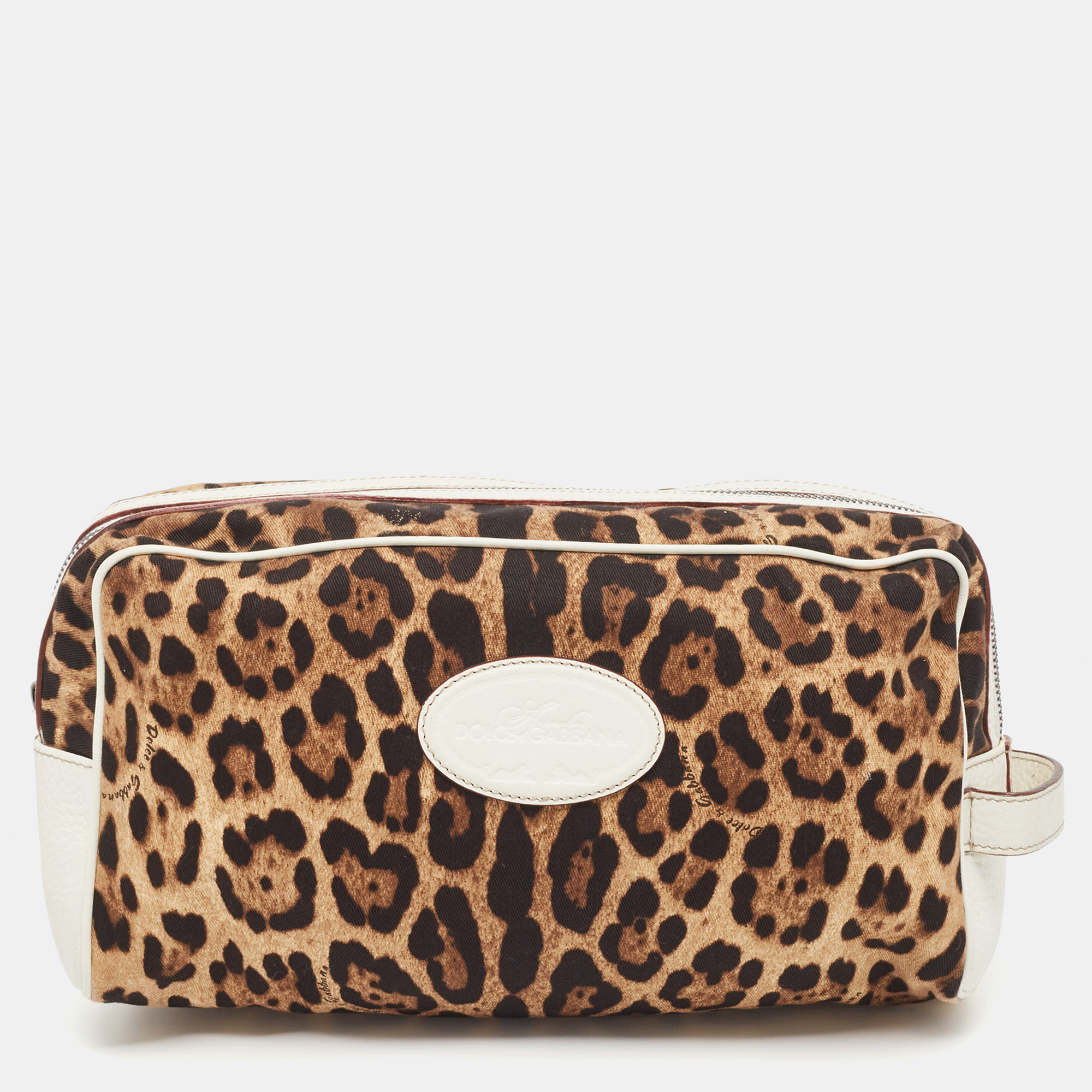 Pre-owned Dolce & Gabbana White/brown Leopard Print Fabric And Leather Cosmetic Pouch