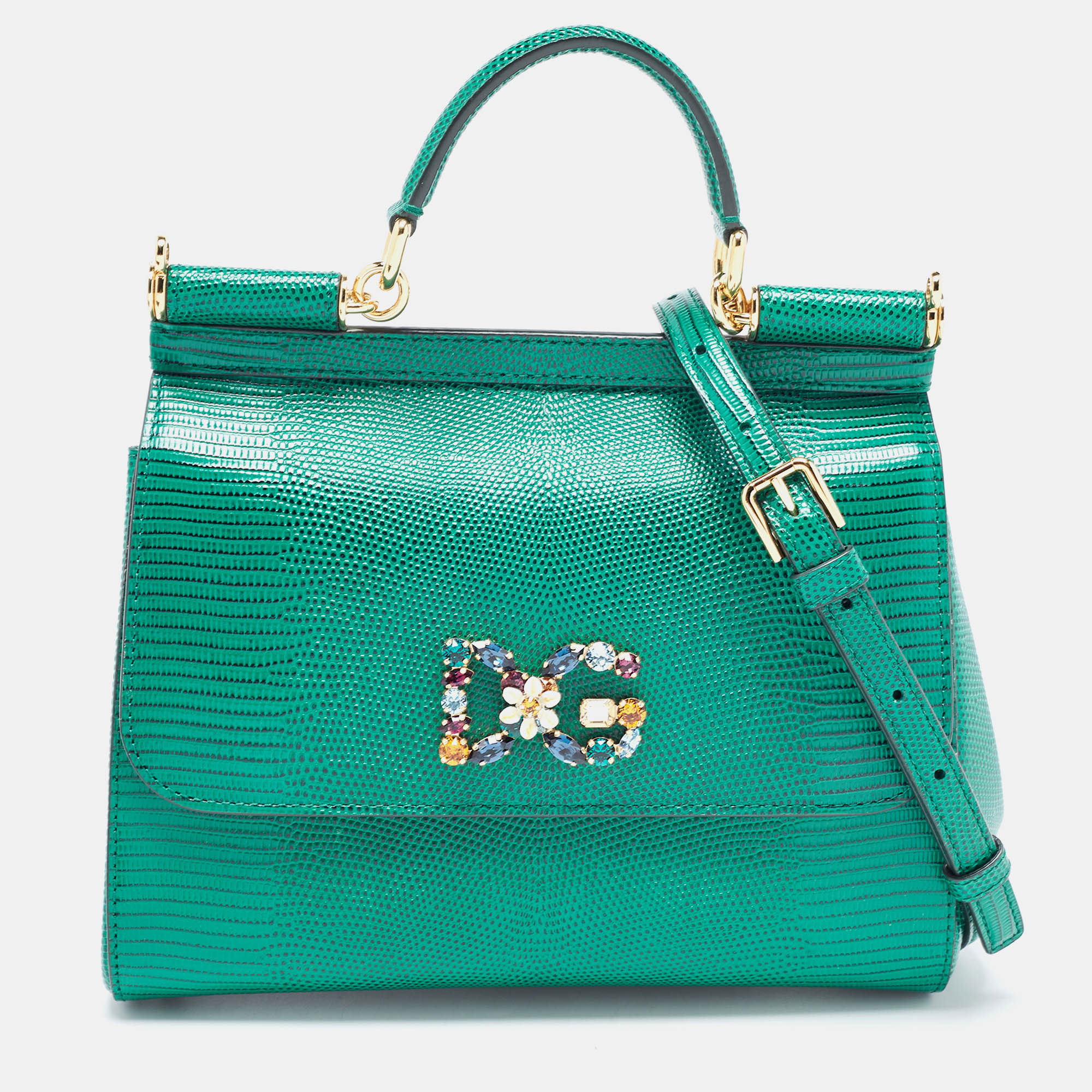 Pre Owned Dolce & Gabbana Green Lizard Embossed Leather Crystal DG Logo Medium Miss Sicily Bag