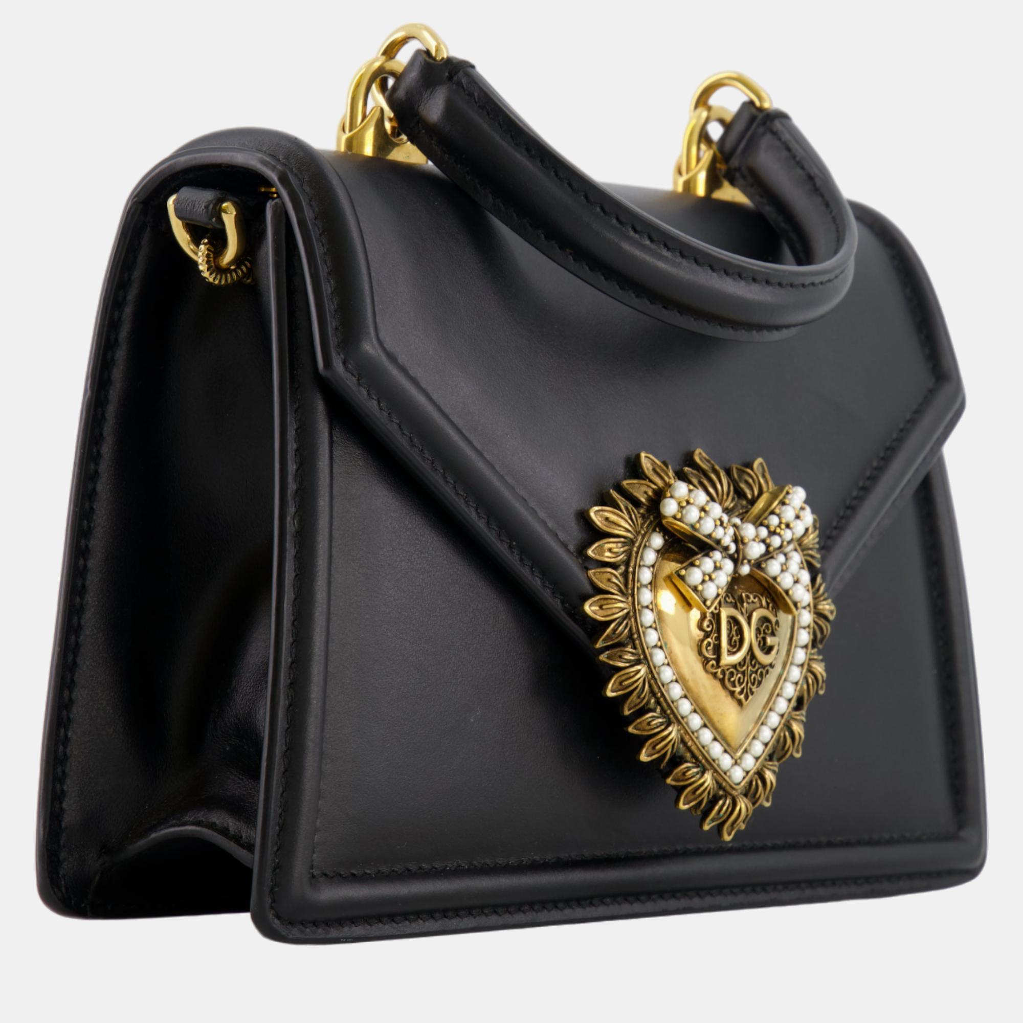 

Dolce & Gabbana Black Leather Small Devotion Top-Handle Bag with Gold Hardware