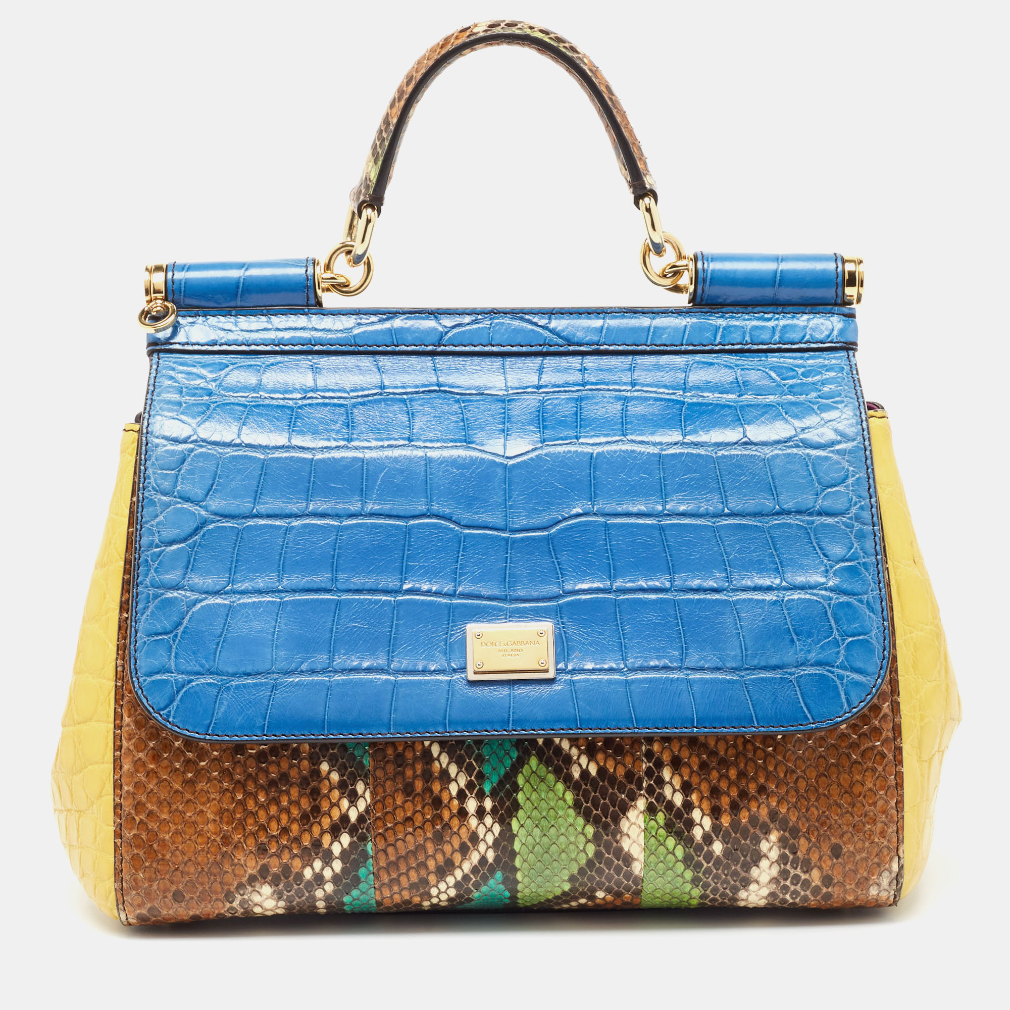 Pre Owned Dolce & Gabbana Multicolor Leather, Croc and Python Medium Miss Sicily Top Handle Bag
