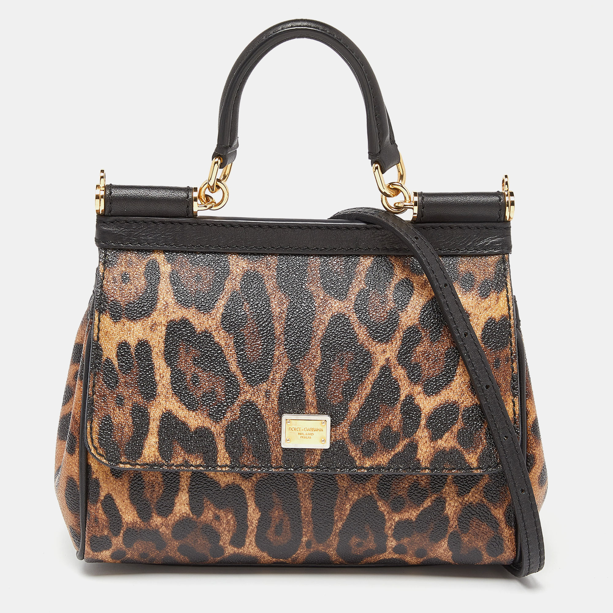 Pre Owned Dolce & Gabbana Brown/Black Leopard Print Coated Canvas and Leather Small Miss Sicily Top Handle Bag