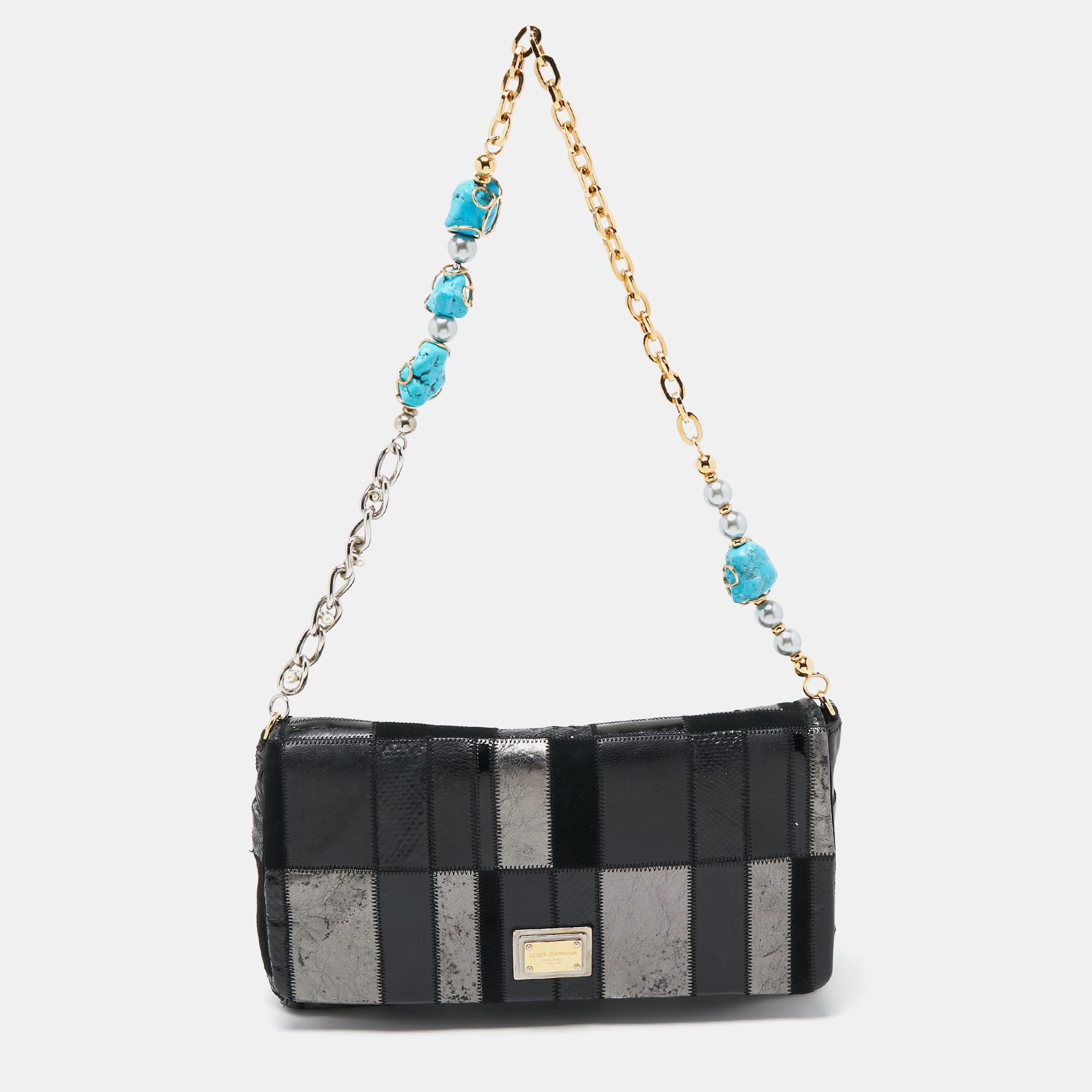 

Dolce & Gabbana Black/Grey Mixed Leather and Snakeskin Patchwork Chain Bag