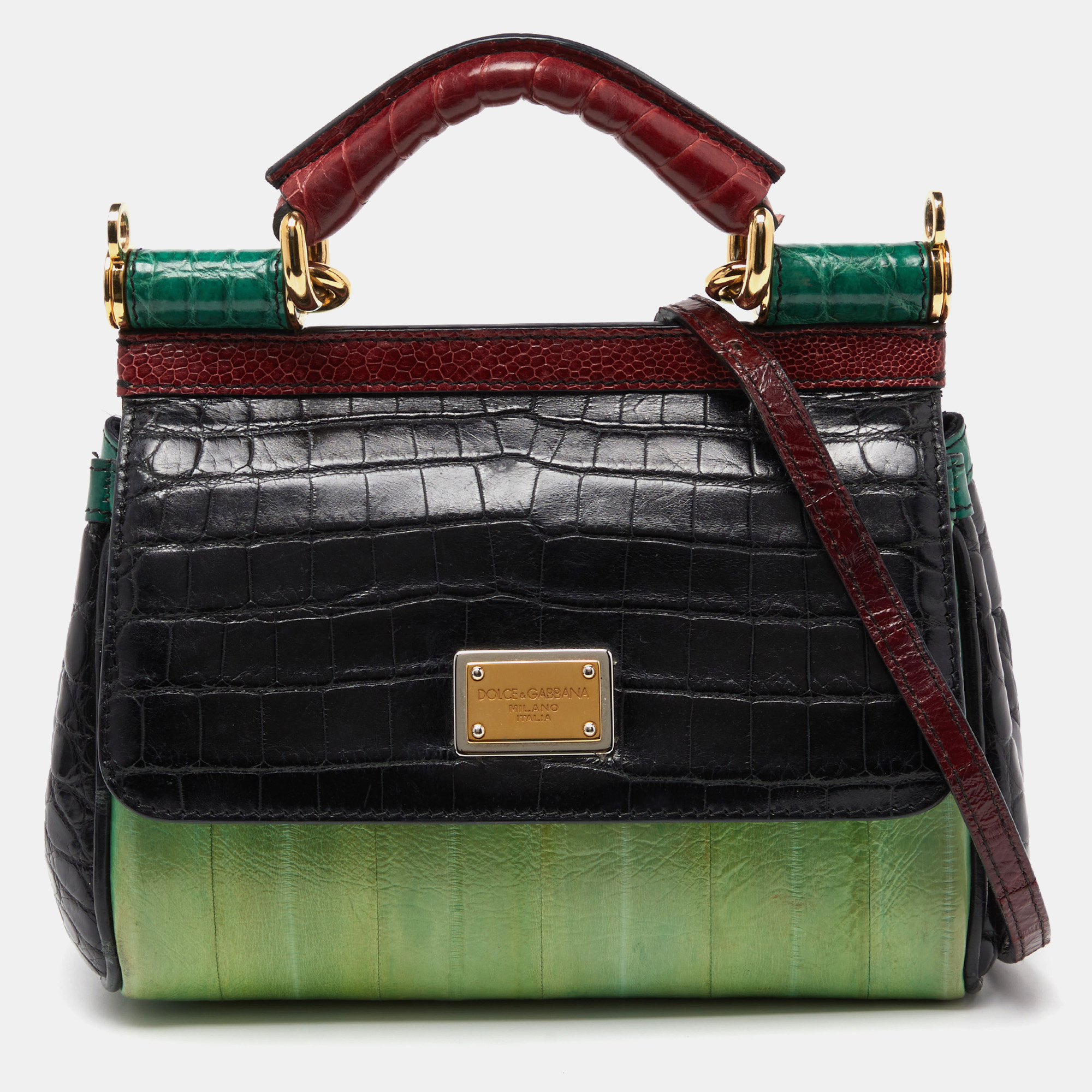 Dolce & Gabbana Multicolor Eel Leather and Croc Limited Edition Small Miss Sicily Top Handle Bag