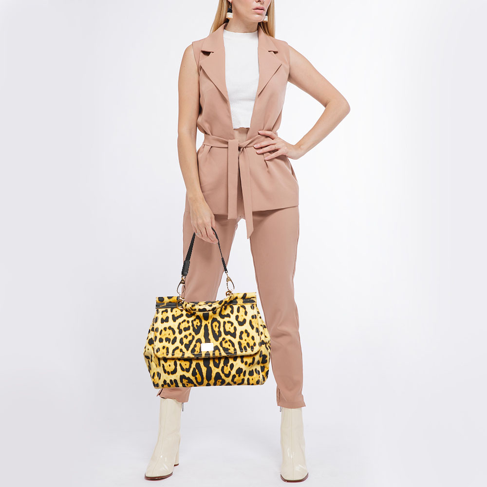 

Dolce & Gabbana Beige/Black Leopard Print Canvas Large Miss Sicily Top Handle Bag