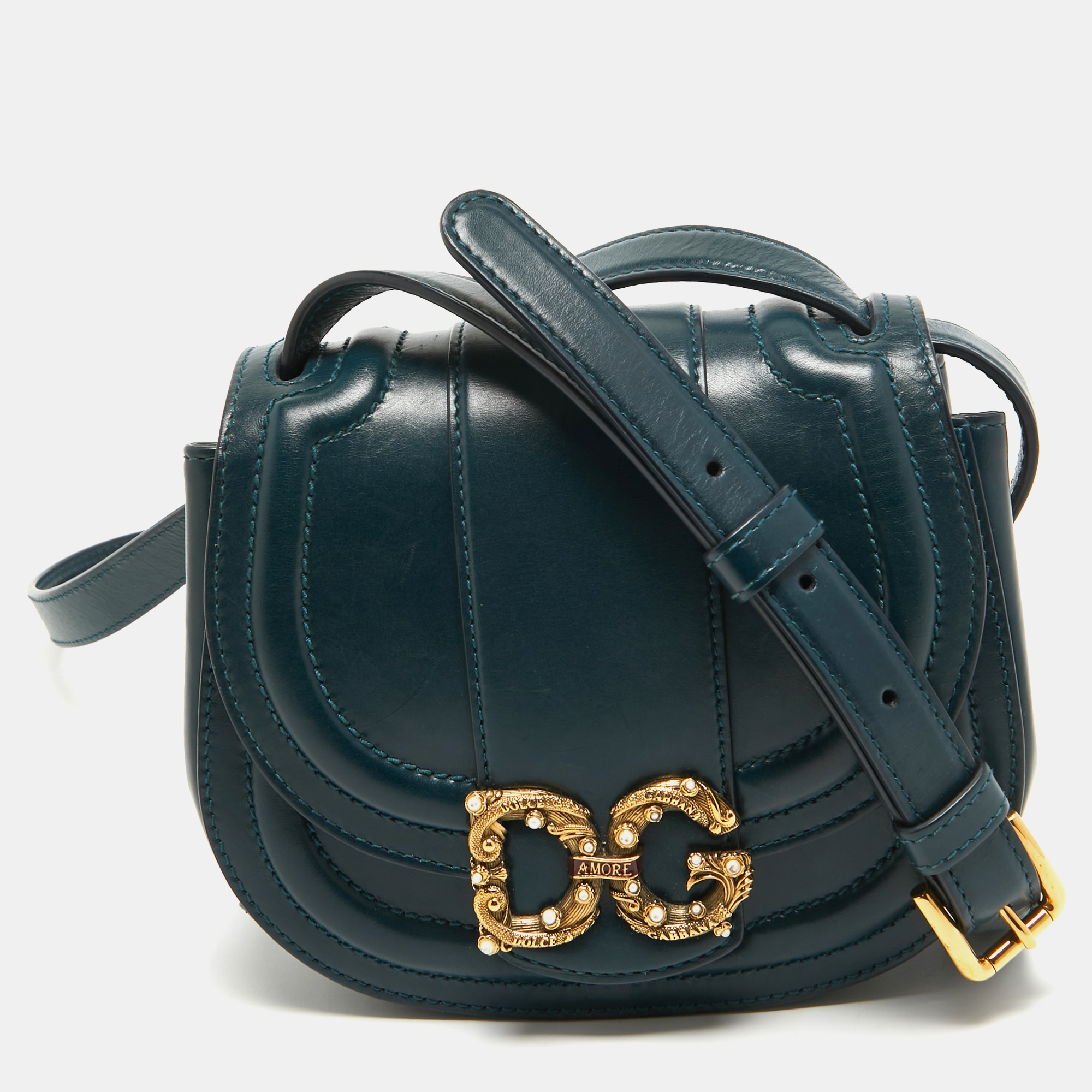 Pre-owned Dolce & Gabbana Teal Leather Amore Crossbody Bag In Blue