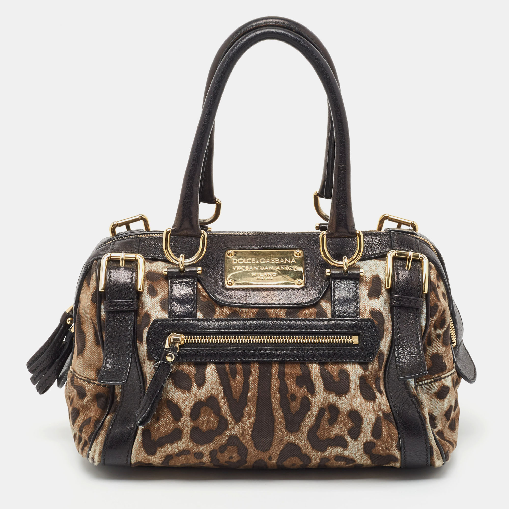 Pre-owned Dolce & Gabbana Black/brown Leopard Print Canvas Miss Easy Way Satchel